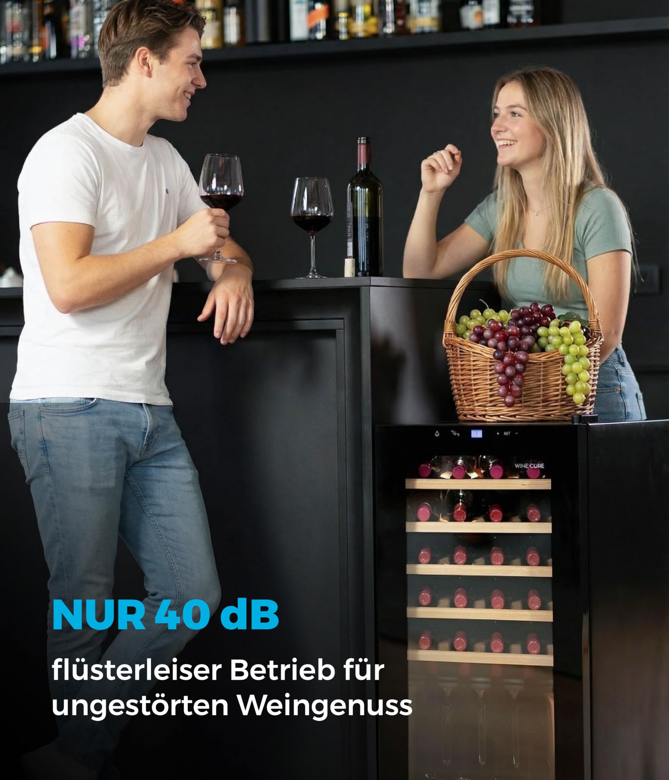 °CUBES Weinkühlschrank 28 Flaschen 90L Glastür Buchenholz 5-18°C vibrationsarm leise 40dB LED Display