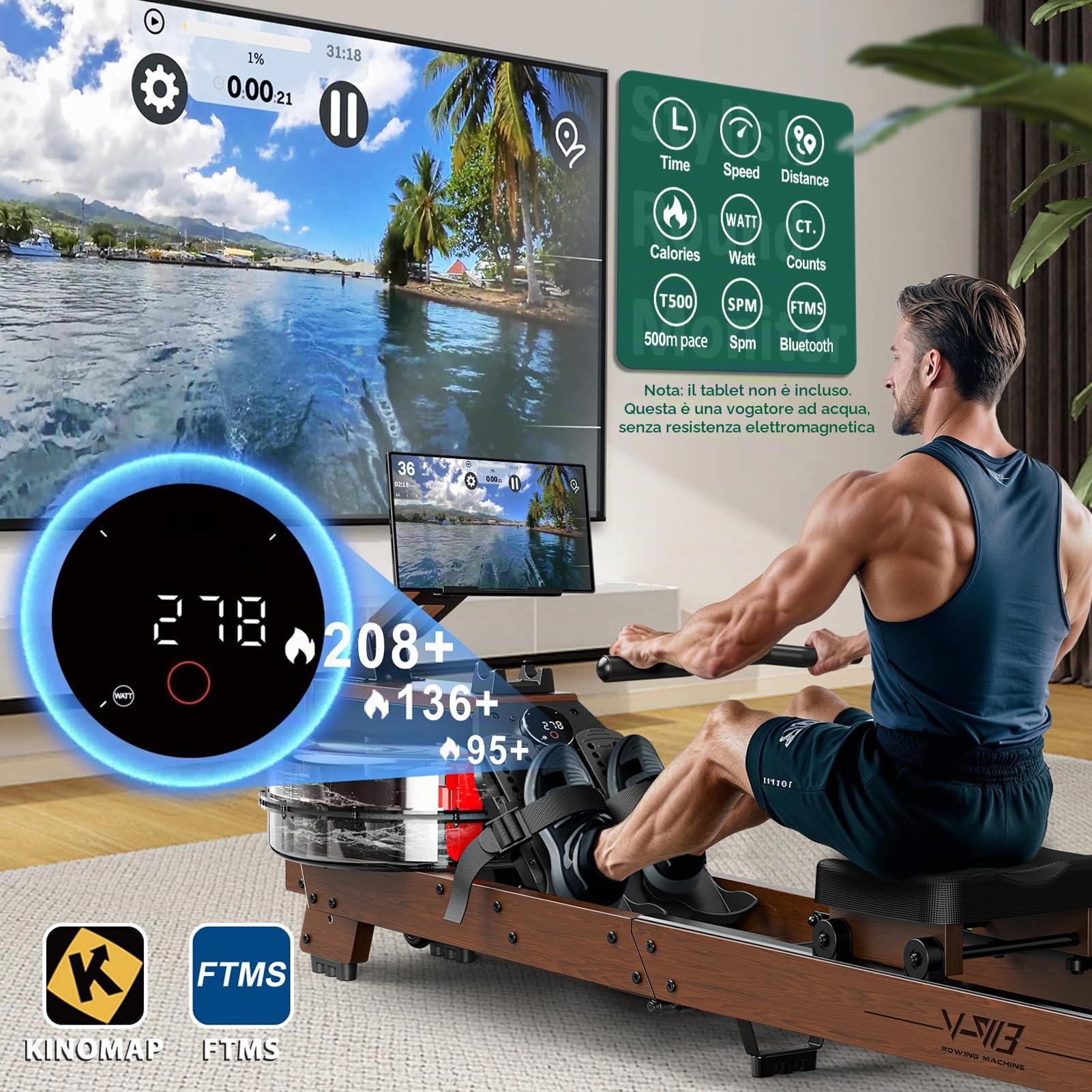 Vogatore Pieghevole per Casa - Costruzione in Legno di Alta Qualità, Rower ad Acqua Bluetooth, Facilmente Pieghevole, Altezza Utente Idonea da 1,2m~2m, Carico Massimo 175 kg, Garanzia di 2 Anni