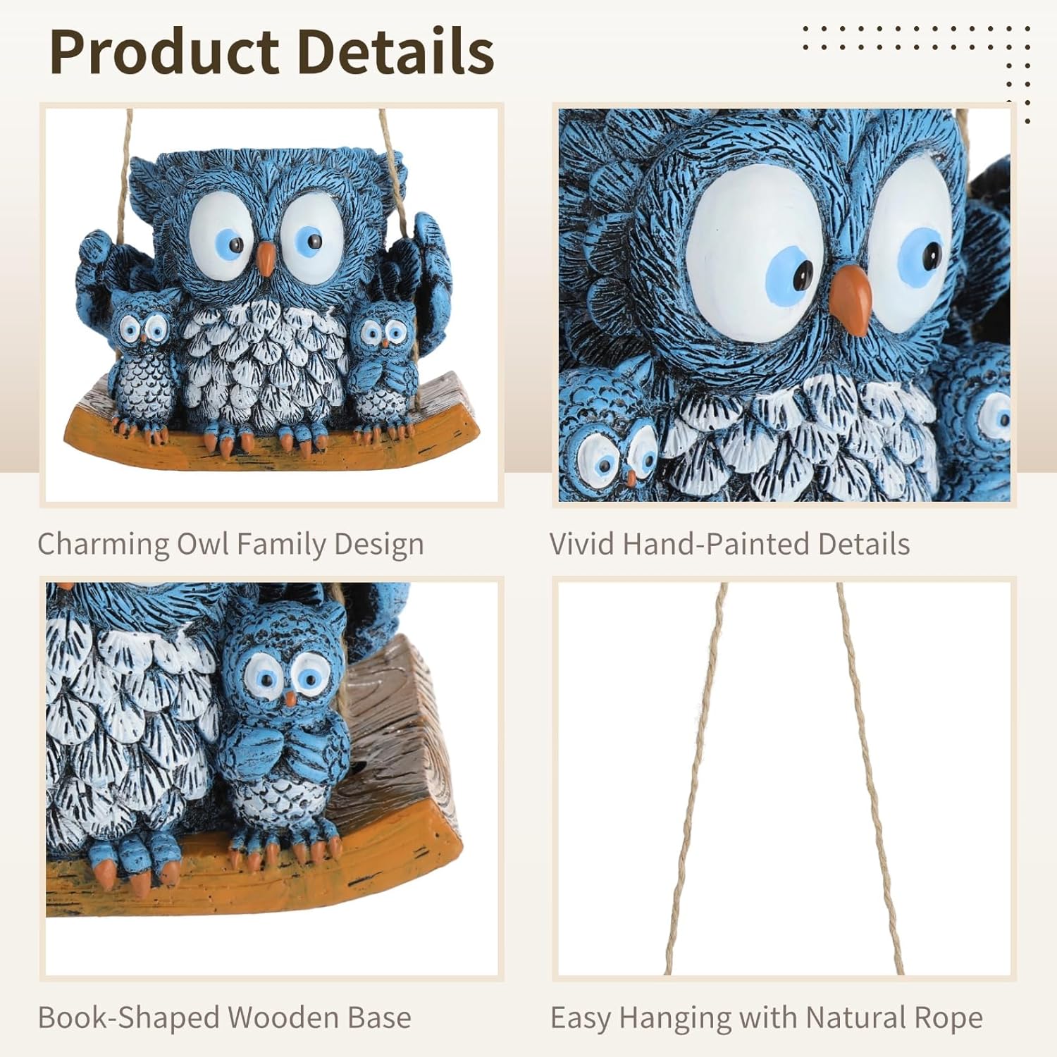 White Owl Family Hanging Flower Pot with Wooden Base, Cute Desktop Decor Ceramic Planter for Indoor Succulent Plants, Unique Hanging Bird Nest Pottery for Home Garden Wall Decor