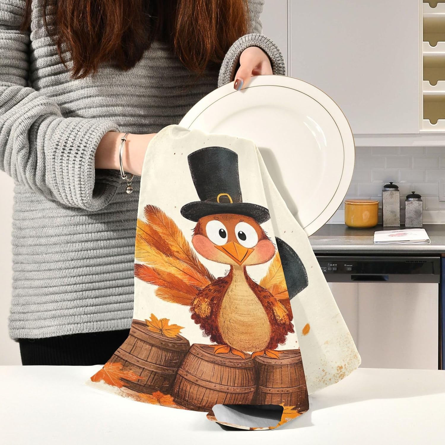 ODAWA Turkey with Hat Kitchen Towles Soft and Super Absorbent Dish Towel DishCloths for Kitchen, Set of 4