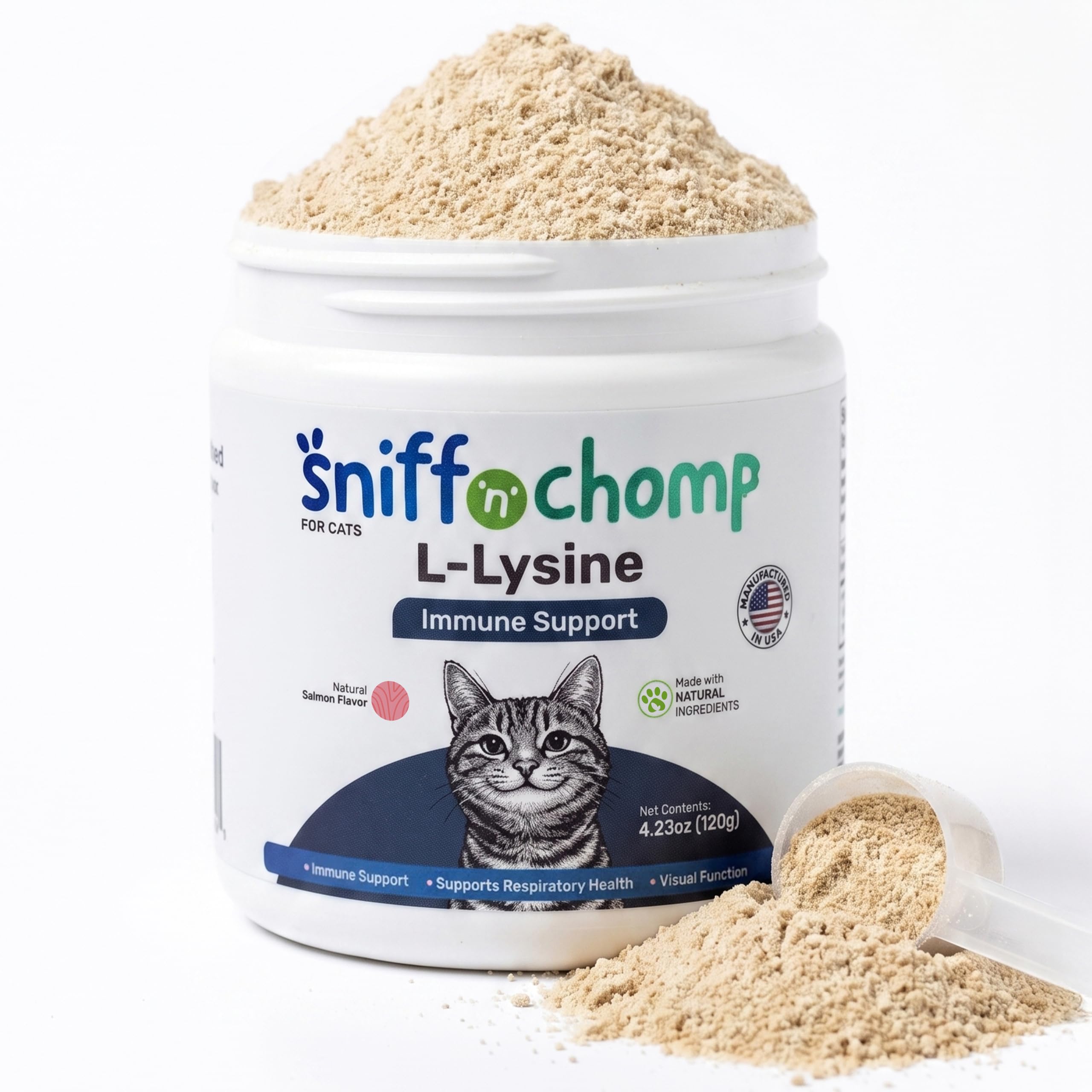 SNIFF ‘N’ CHOMP L-Lysine Powder for Cats and Kittens, Powder for Sneezing and Runny Nose Supplement, Immune System, Respiratory & Eye Support, Essential Taurine - Salmon Flavor | 120g - 120 Scoops