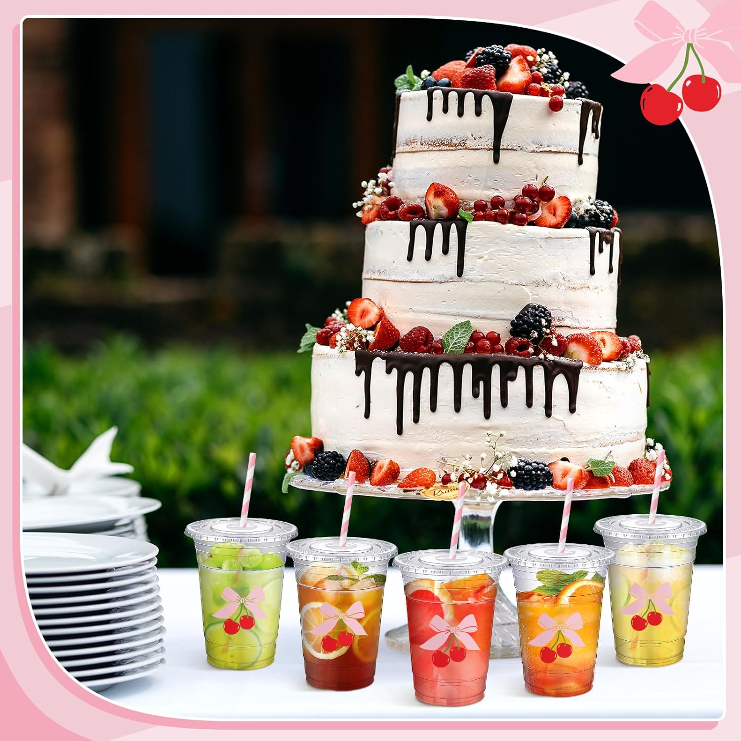 Sliner 50 Pcs 16 oz Coquette Disposable Plastic Cups with Straw for Party Supplies Bow Cups Birthday Wedding Bridal Engagement Party Drinkware Baby Shower Decoration (Cherry Bow)