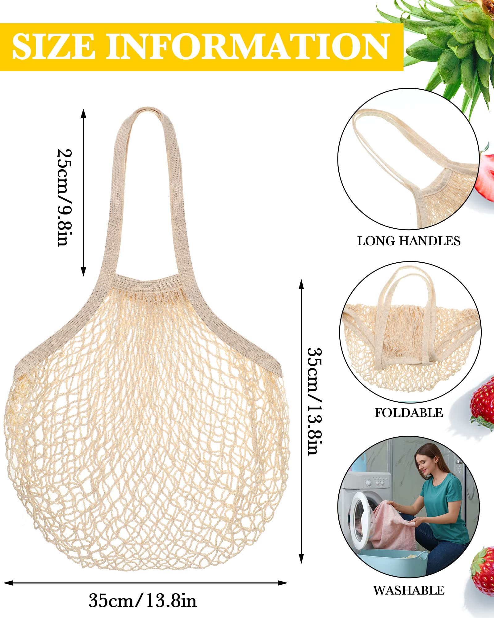 Woanger 24 Bolsas Reutilizables de Malla de algodón, Lavables, para Alimentos, para Frutas y Verduras, con asa Larga, Organizador de Malla
