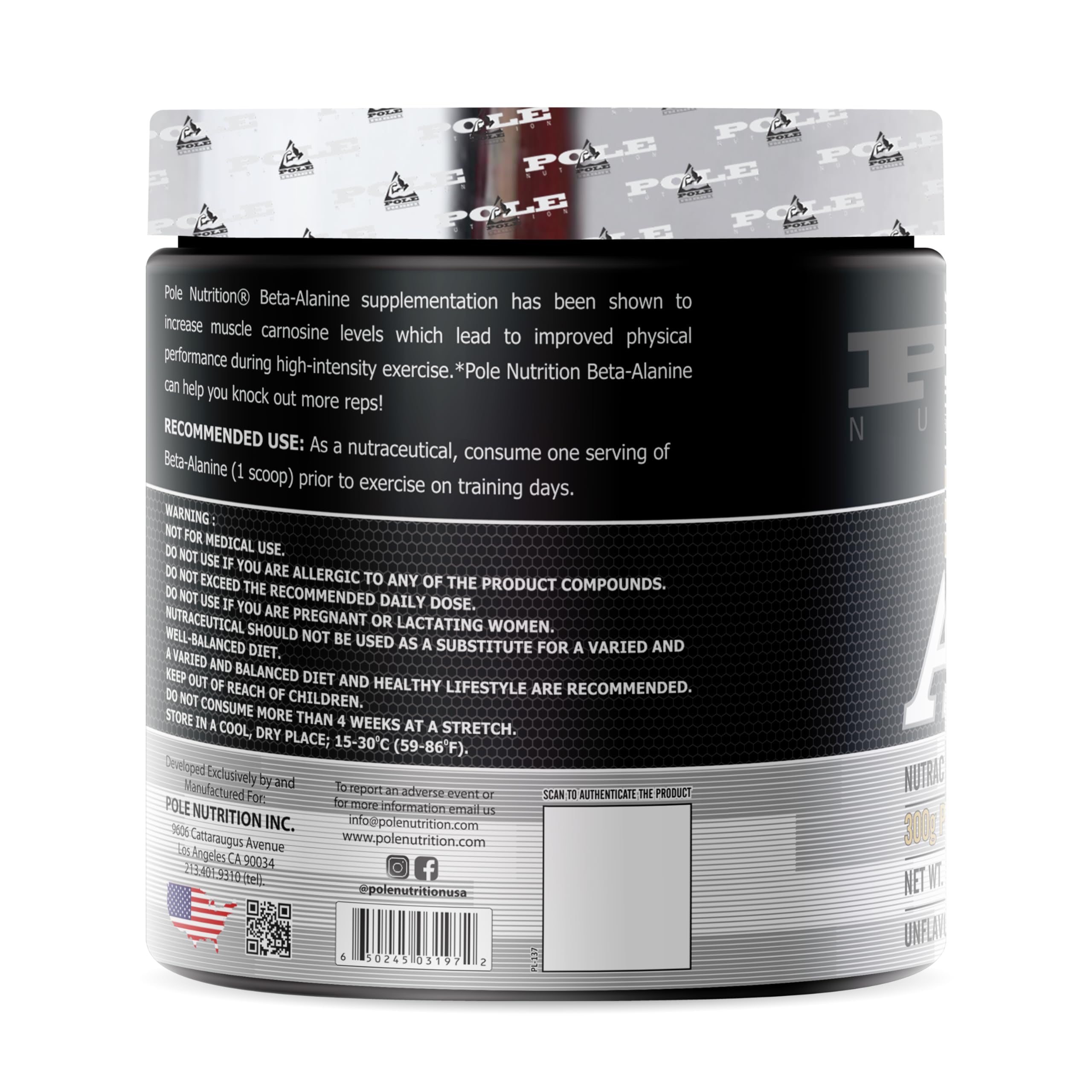 Pole Nutrition Beta-Alanine - Muscle Growth & Recovery Pre-Workout Powder for Men & Women, Unflavored, 300g - Boost Your Training Performance 1