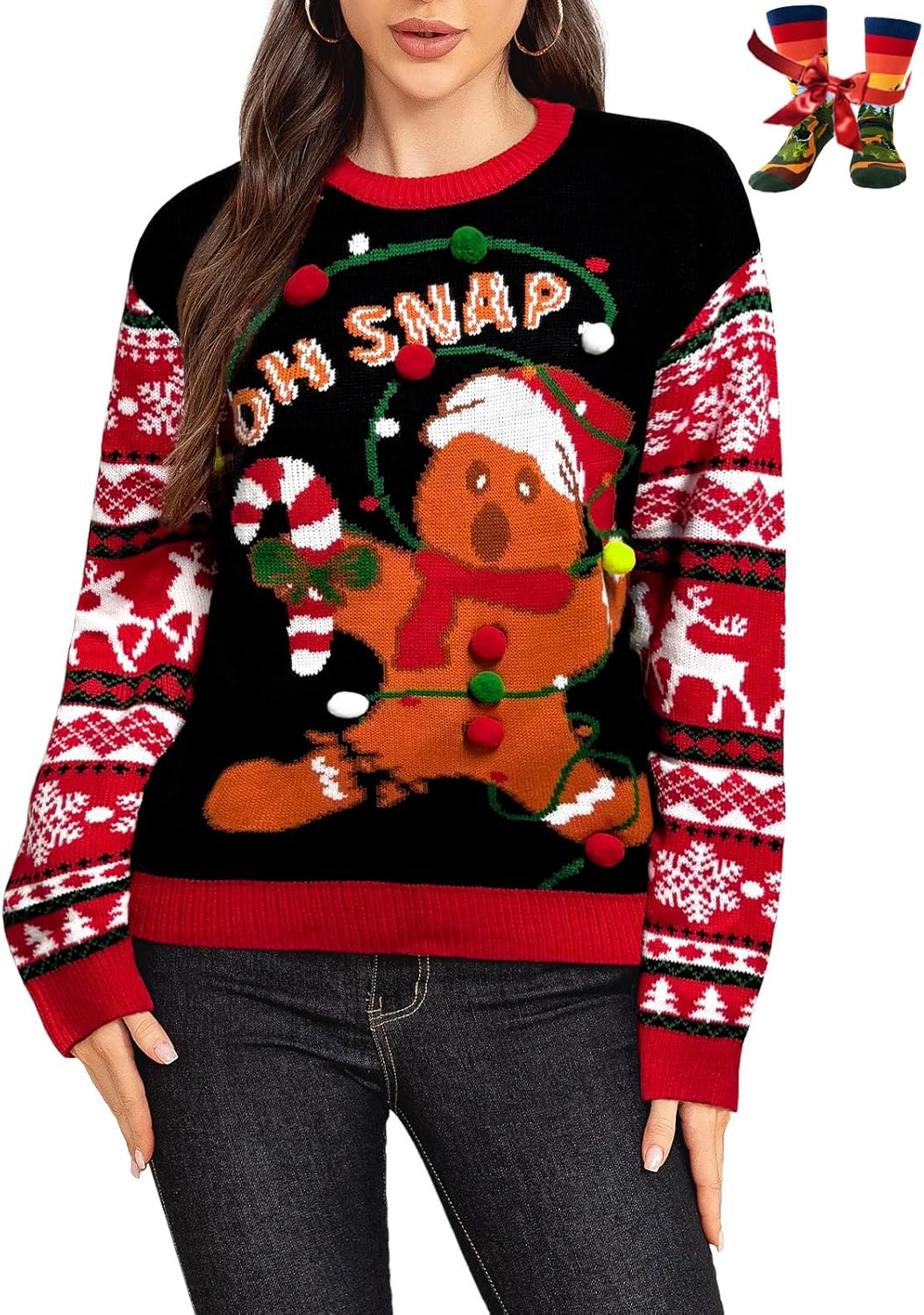 Ugly Christmas Sweater for Women Funny Crewneck Knit Christmas Sweater for Family Pullover Long Sleeve Top