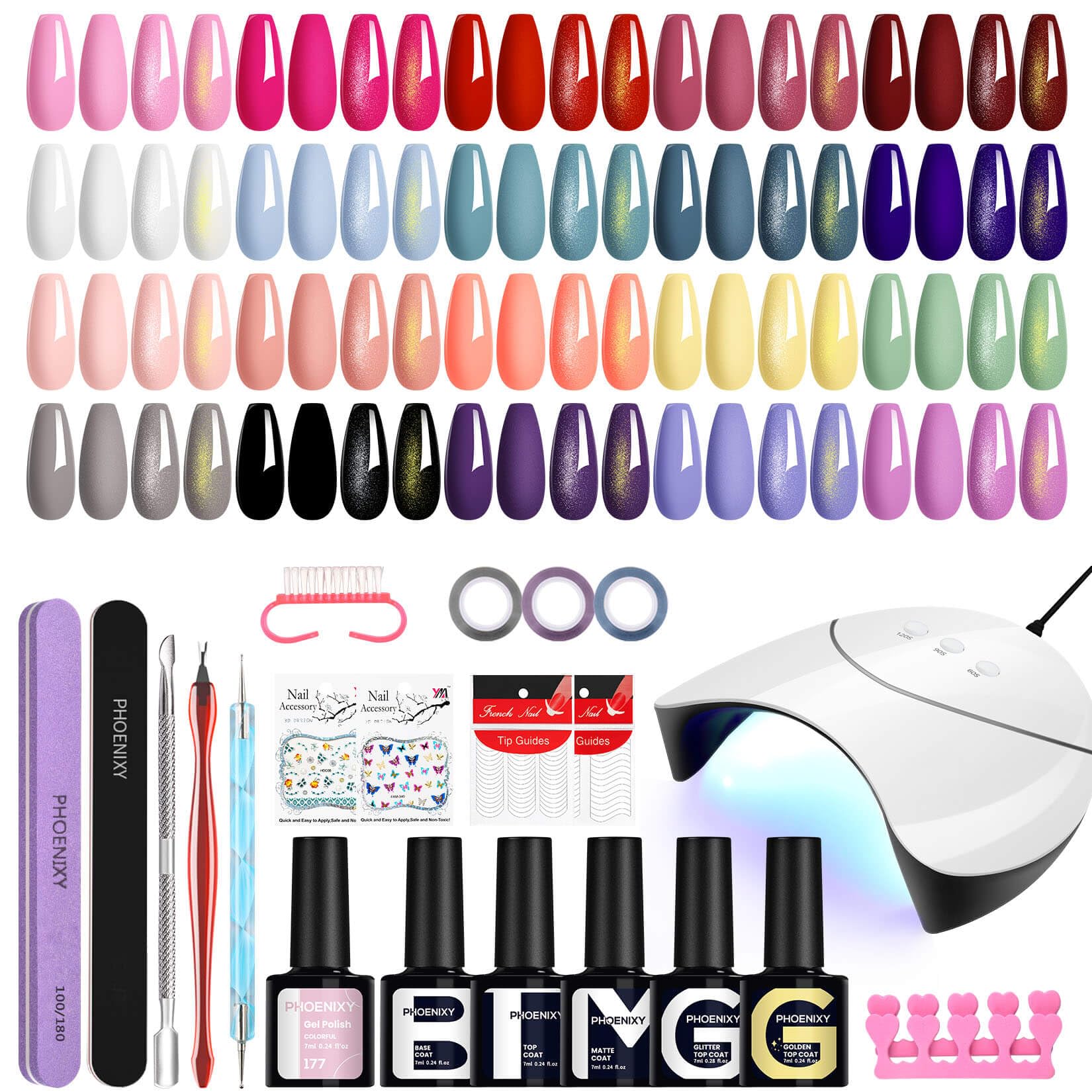Phoenixy Kit de Uñas Semipermanentes 25 Piezas con Lámpara U V/LED, Uñas Semipermanentes Kit Completo con Base y Top Coat Ideal para Principiantes y Profesionales Regalo Festivo