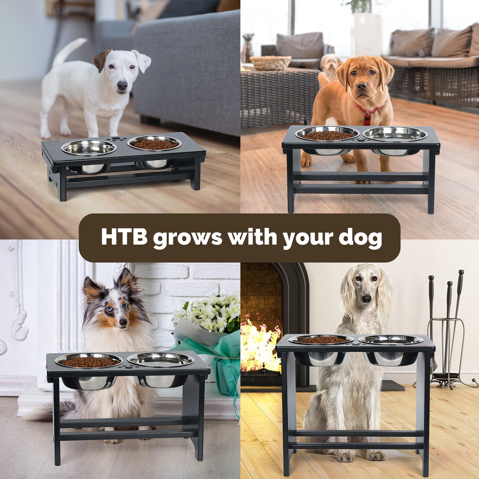 HTB Cuencos elevados extragrandes para perros con soporte, cuencos elevados de bambú para perros grandes, medianos y pequeños, comedero de bambú para mascotas con 2 cuencos de acero inoxidable, 43,99