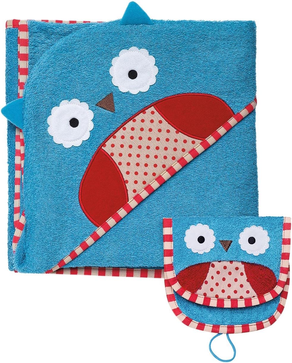 Skip Hop Zoo Baby Infant and Toddler Soft Cotton Hooded Bath Towel and Mitt Washcloth Set, Two Pieces, Multi, Otis Owl
