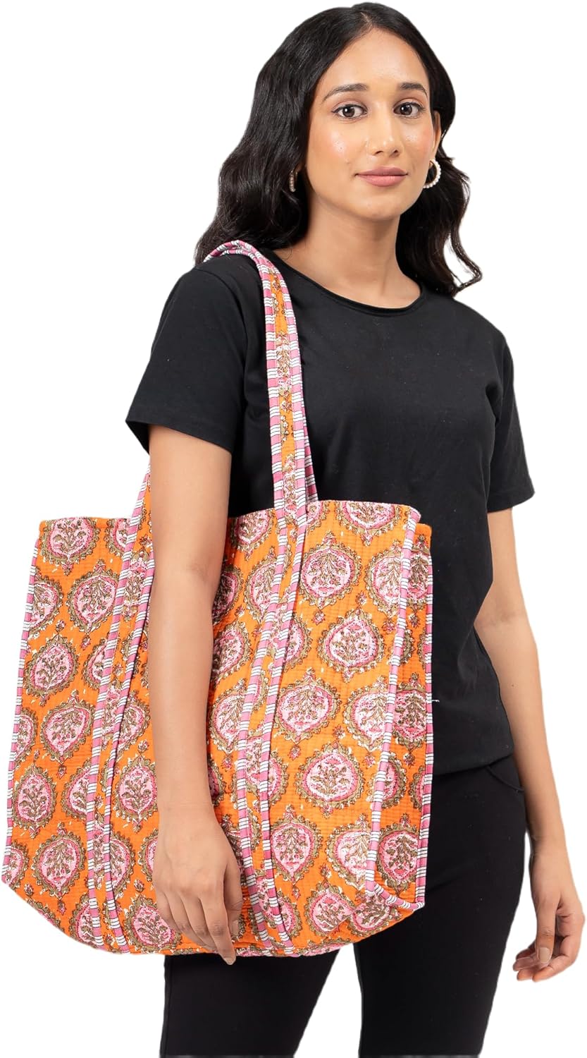 Women's Unique Quilted Large Cotton Fabric Tote Bag Travel Grocery Shopping Weekend Trips with Inside Pocket - Image 3