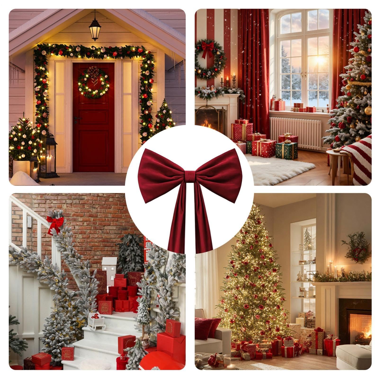 Nœud de tête de Sapin de Noël Décoration Couronne Rouge avec Longs | Grand Nœud De Noël 50 Cm X 180 Cm Pour Porche Extérieur Mur Fenêtre Porte D'Entrée Salon Maison Fête Des