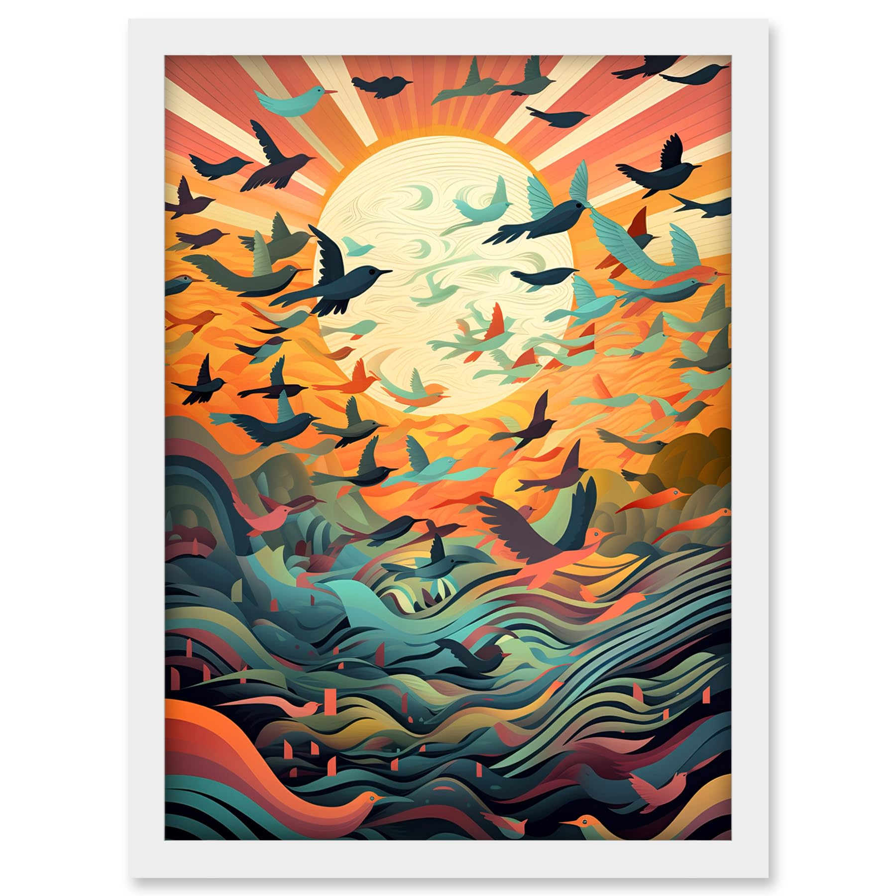 Artery8 Flock of Birds Flying at Sunrise Modern Folk Art Artwork Framed A3 Wall Art Print