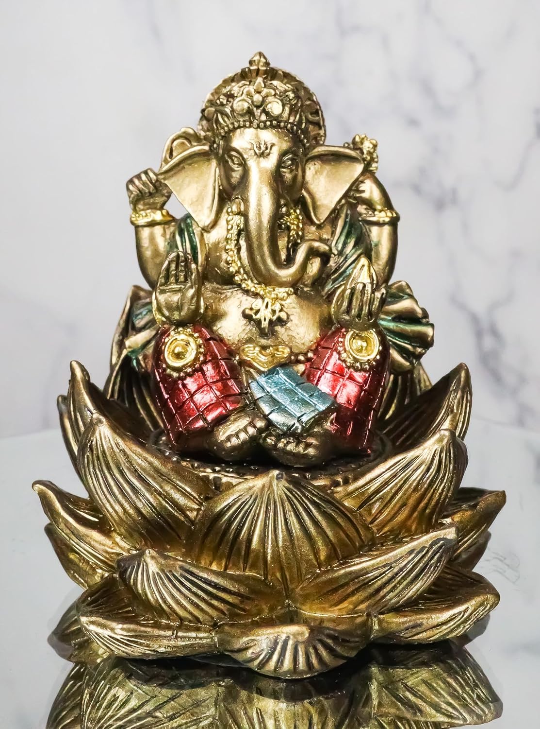 Ebros Gift Eastern Enlightenment Vastu Hindu Lord Deity Ganesha Ganapati Seated On Lotus Flower Blossom Mini Figurine Elephant God Remover of Obstacles Prosperity Sculpture