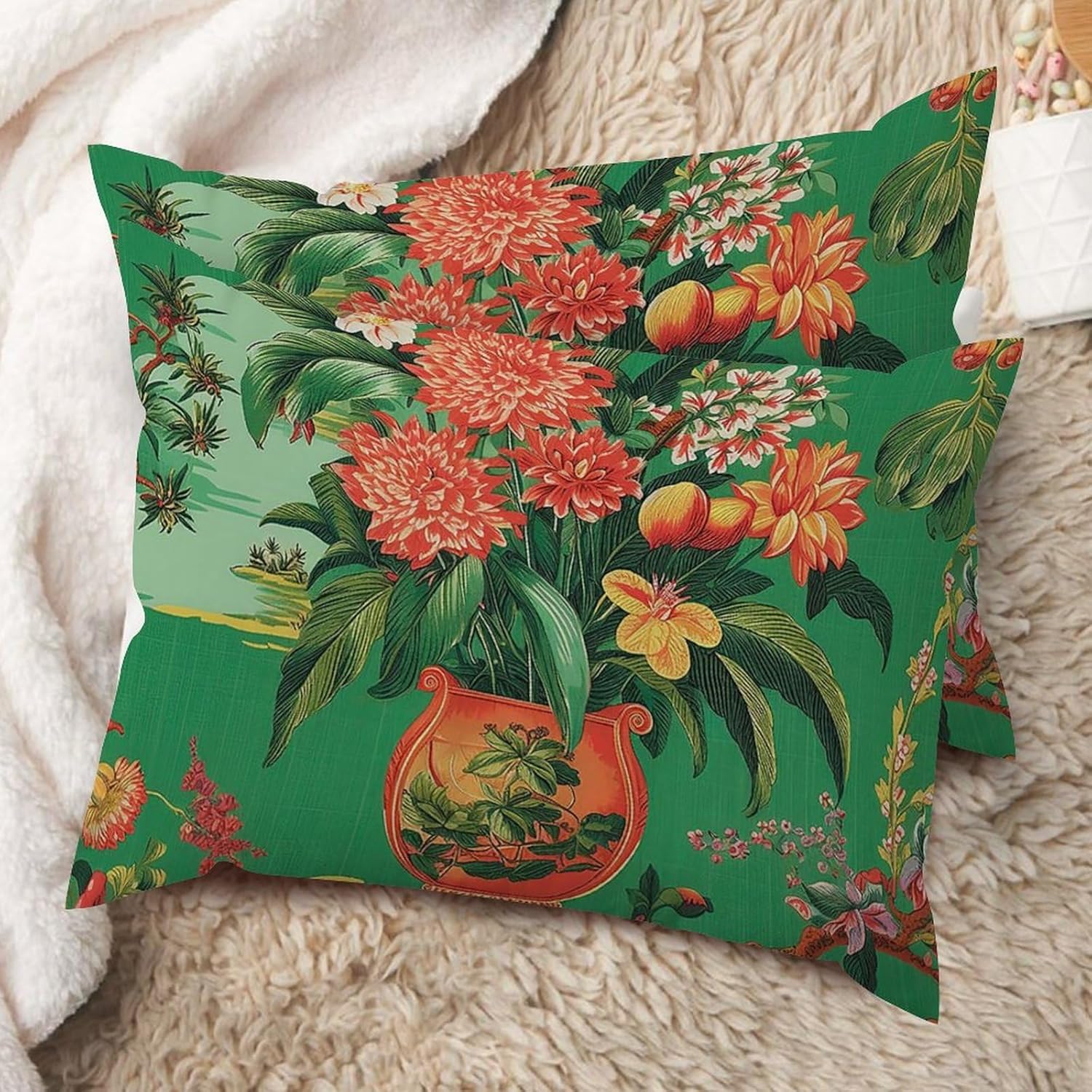 Asian Style Throw Pillowcase Ming Vase Green Chinoiserie Pillowcase Dynasty 20x26in Set of 2 Decorative Pillow Home Cotton Linen Chic Lumbar Throw Pillow Cover for Home Bedroom Bed