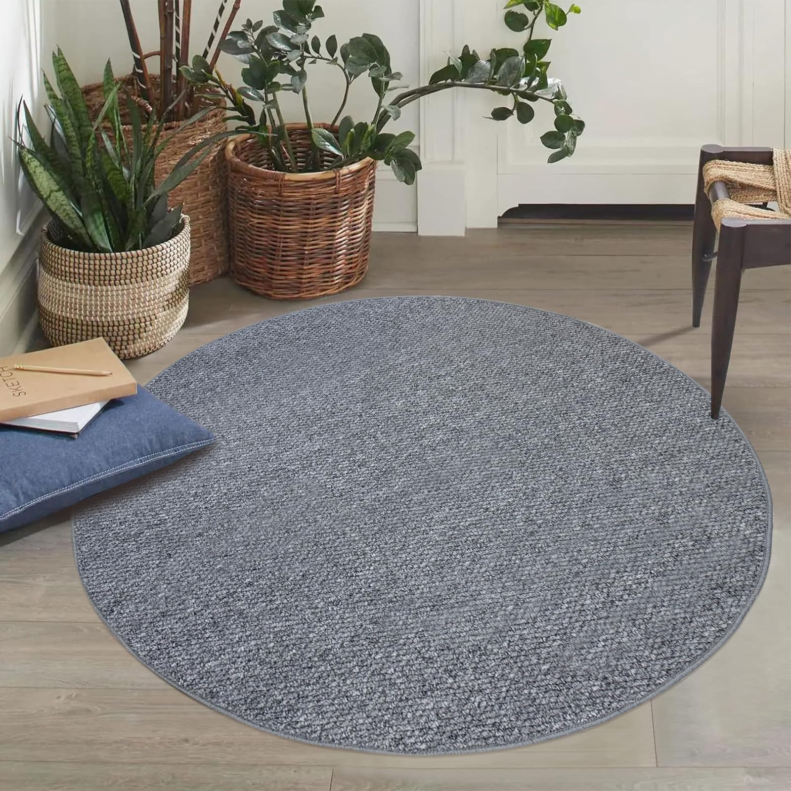 USTIDE Grey Round Faux Sisal Rug Bedroom Living Room Area Rug Farmhouse Chunky Textured Woven Rug,Indoor Outdoor Rug,100cm