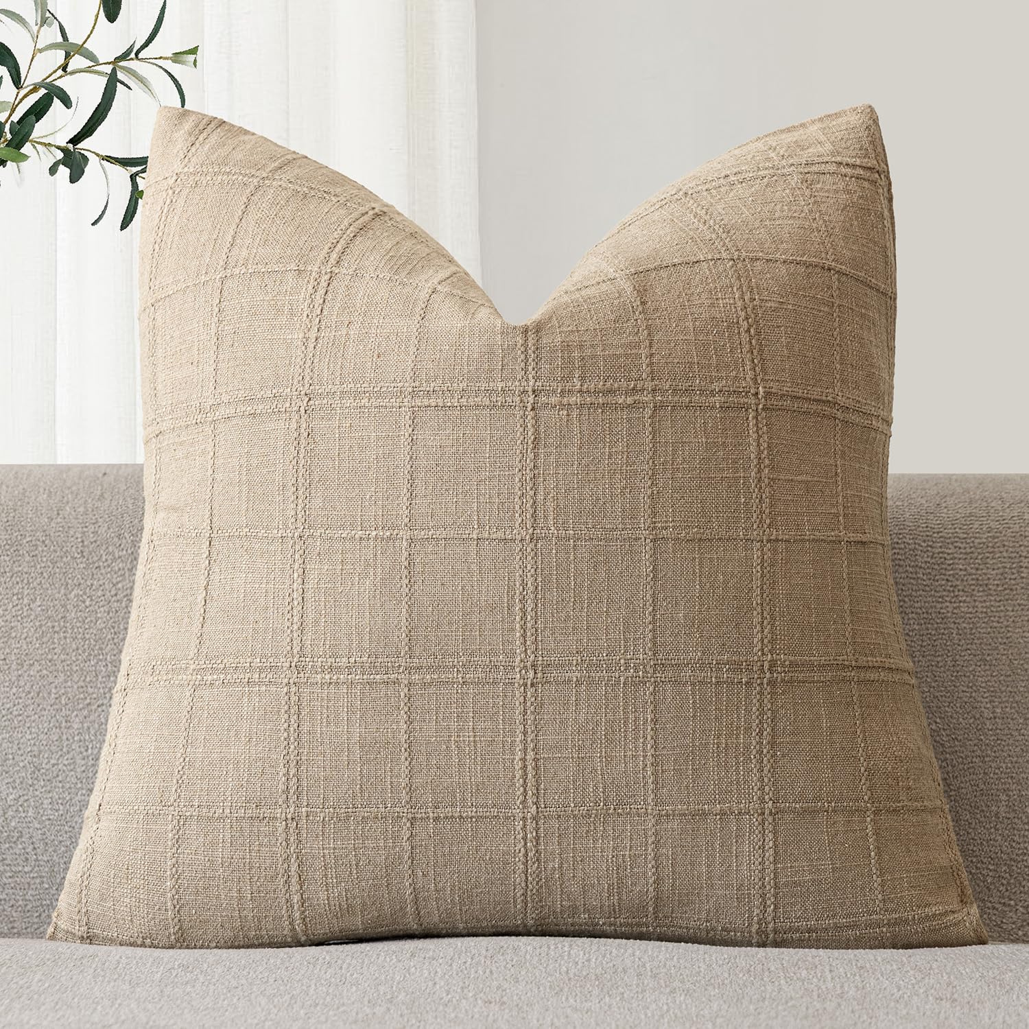 Foindtower Set of 1 Decorative Linen Check Throw Pillow Cover Neutral Farmhouse Vintage Cushion Cover Modern Coastal Boho Home Decor for Sofa Chair Couch Bedroom Living Room,20×20 Inch,Camel