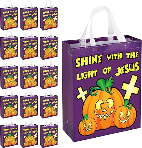 Windyun 100 Pcs Halloween Bags Bulk Christian Pumpkin Non Woven Bags Halloween Pumpkin Candy Bags with Double Handles Religious Goody Bags Halloween