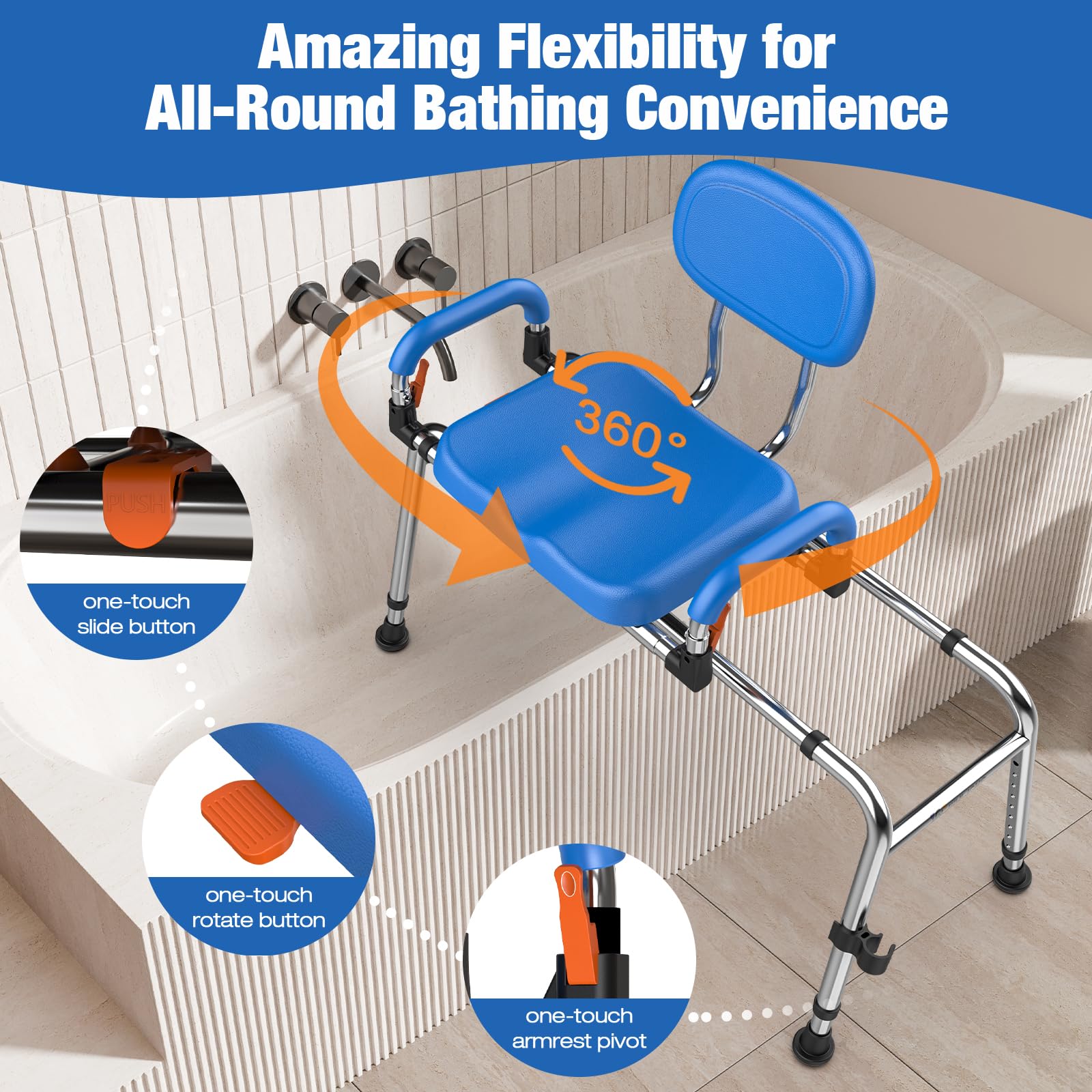Silla de Ducha giratoria 360° y Deslizante. Soporta 204 kg | Marco de aluminio de grado aeronáutico 1,4 mm, carga 450 lbs. Altura y anchura ajustables, asiento giratorio 360°