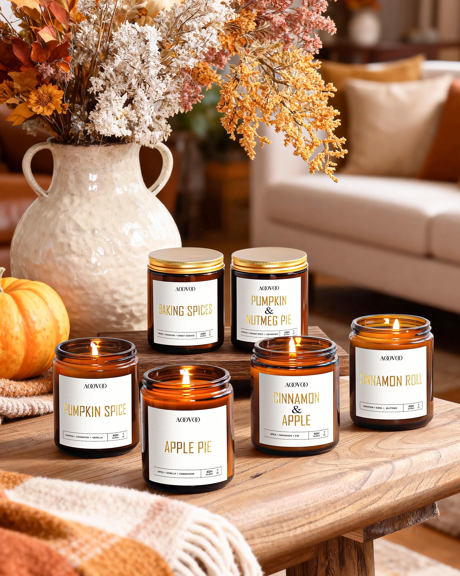 AOOVOO Velas perfumadas otoñales – 6 velas de cera de soja de 1197 g, velas perfumadas de cera de soja para el hogar, tarta de manzana/canela/manzana/pastel de nueces de calabaza/especia para hornear