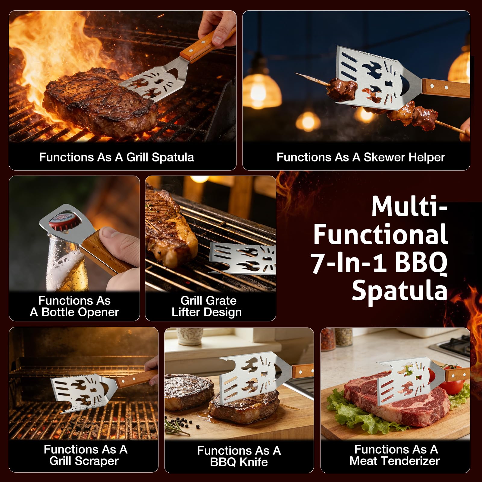 3-Piece BBQ Tools Set with Grill Spatula, Tongs, Fork - Wooden Handles, Duty Stainless Steel Barbecue Utensils Kit, 7-in-1 Turner & 6-in-1 Fork Functions As A Bottle Opener-Surprise Gifts for Men Dad — view 6