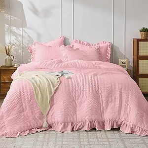 JOLLYVOGUE Pink Seersucker Queen Comforter Set, 3 Pieces Bed in a Bag Comforter Set, Lightweight & Fluffy Bedding Sets Queen for All Season with 1 Ruffle Comforter and 2 Ruffle Pillowshams