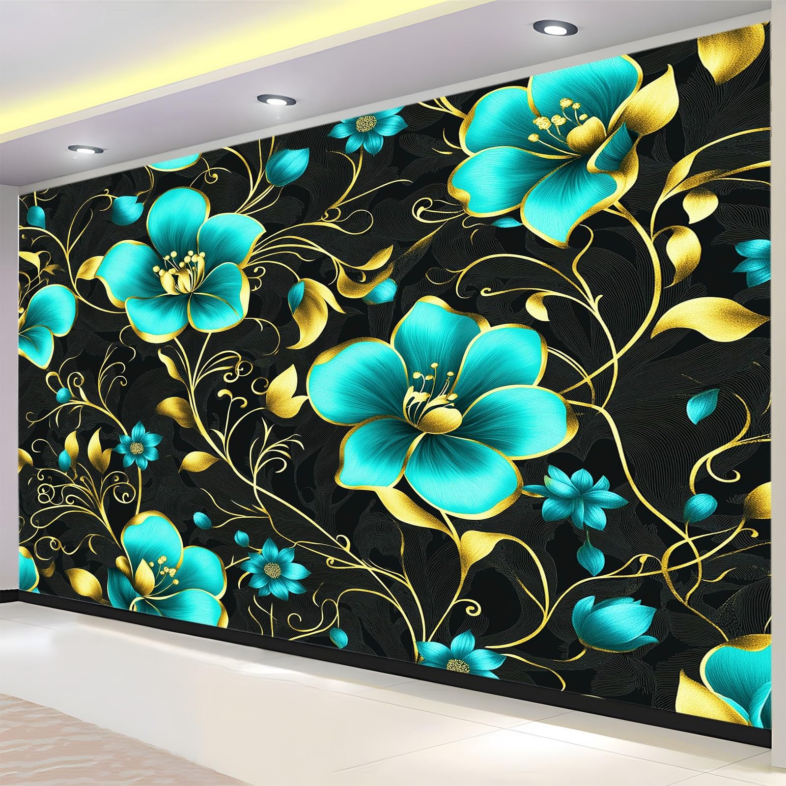 350 x 256 cm, fototapeta z włókniny, na wymiar, rośliny, kwiaty, złote pnącze, czarna, fotorealistyczny, druk HD, tapeta na fizelinie, tapeta z motywem, dekoracja ścienna, tapeta ścienna, dekoracja