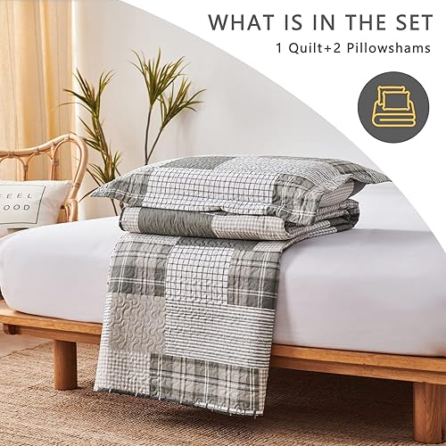 Miniatura 7 de Jarson Juego de edredón de retazos, tamaño matrimonialqueen, colcha a cuadros de 3 piezas con 2 fundas de almohada, juego de ropa de cama ligero y