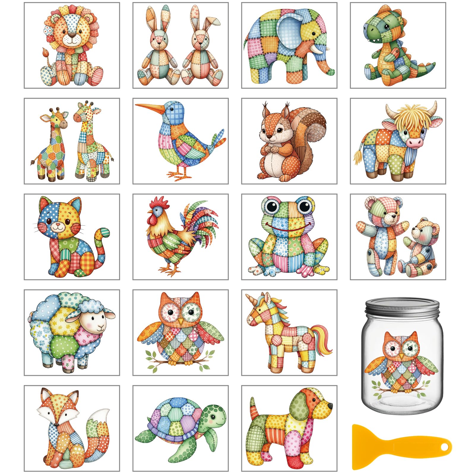 GLOBLELAND 18 Sheets Vintage Patchwork Animals Rub on Transfers Sticker for Crafts 3.9x3.6inch Lion Fox UV DTF Cup Wraps Decals Stickers Retro Rabbits Patterns Transfer Decal for Glass Bottle Decors