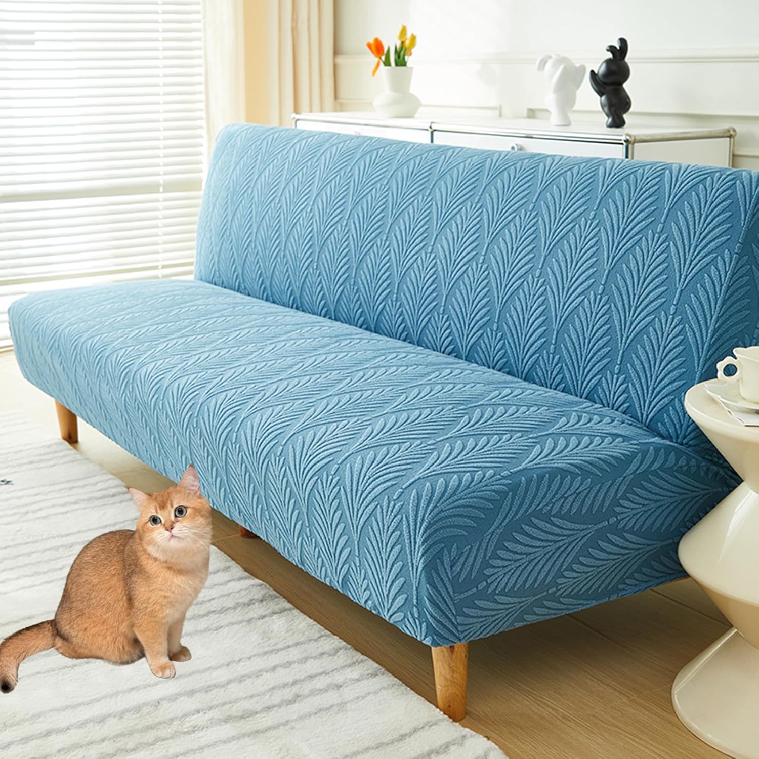 Jacquard Velvet Futon Couch Cover, Stretch Armless Sofa Covers, Soft with Elastic Bottom Foldable Bed Slipcover, Universal Thick Sofa Futon Furniture Protector (B,Medium)