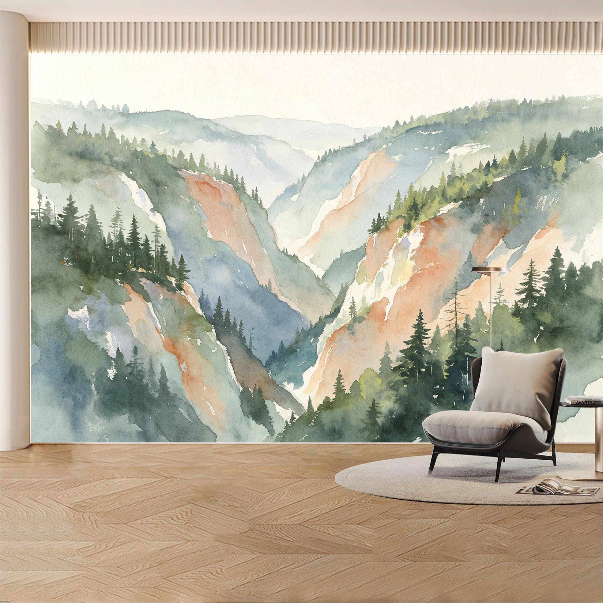 Custom Wall Mural Wallpaper Watercolor Mountain Forest， Landscape Nature Large Wall Art Mural Design， Misty Minimalist Luxury Removable SelfAdhesive for Living Room， Bedroom， Office