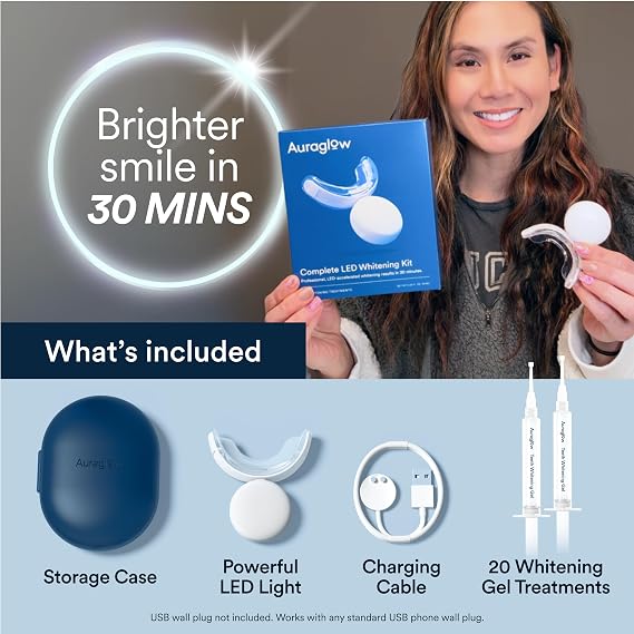 Auraglow Teeth Whitening Kit Bundle, Rechargeable & Wired LED Accelerator Lights, 35% Carbamide Peroxide Teeth Whitening Gel, 32 Treatments, Whiten Up to 10 Shades
