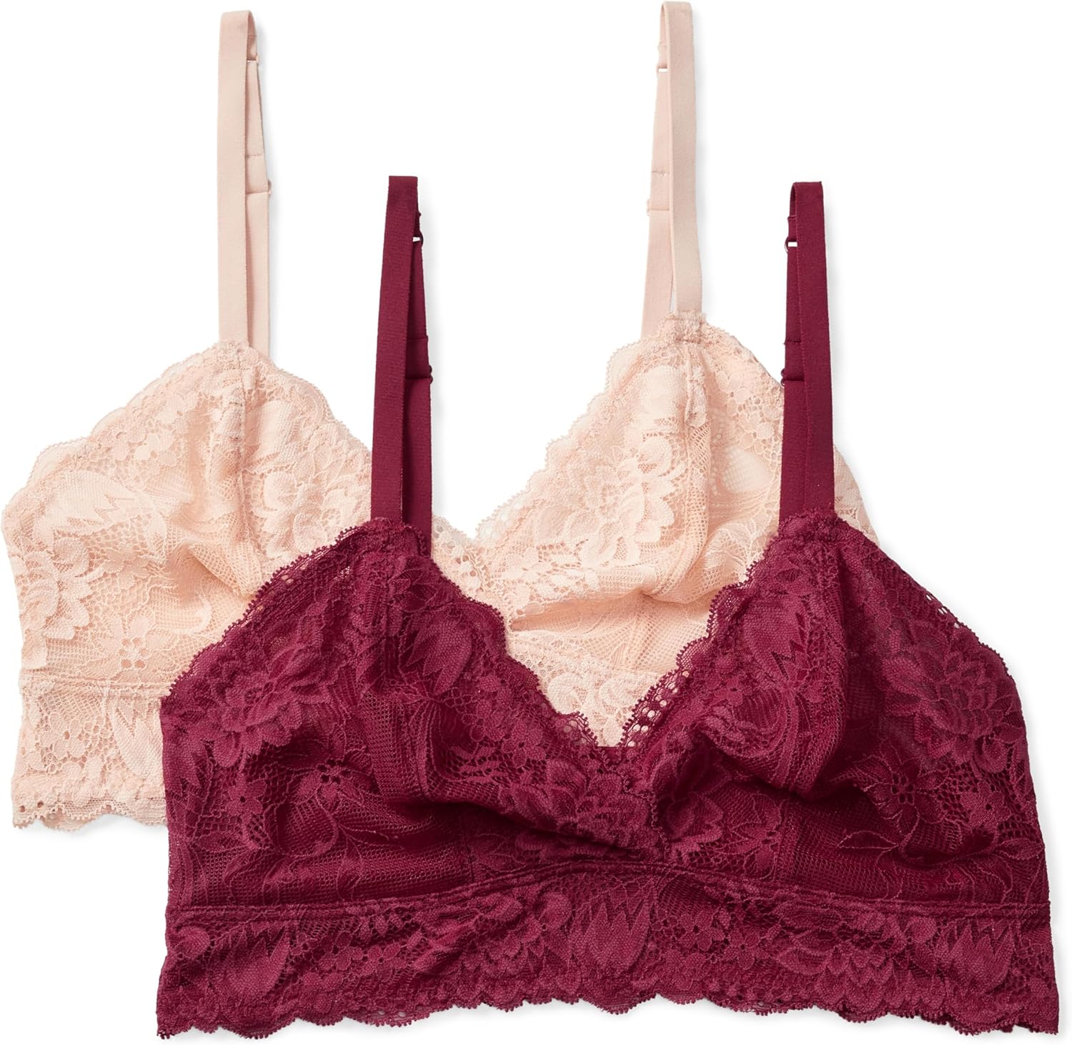 Amazon Essentials Women's Stretch Galloon Lace Unlined Longline Triangle Bralette, Pack of 2