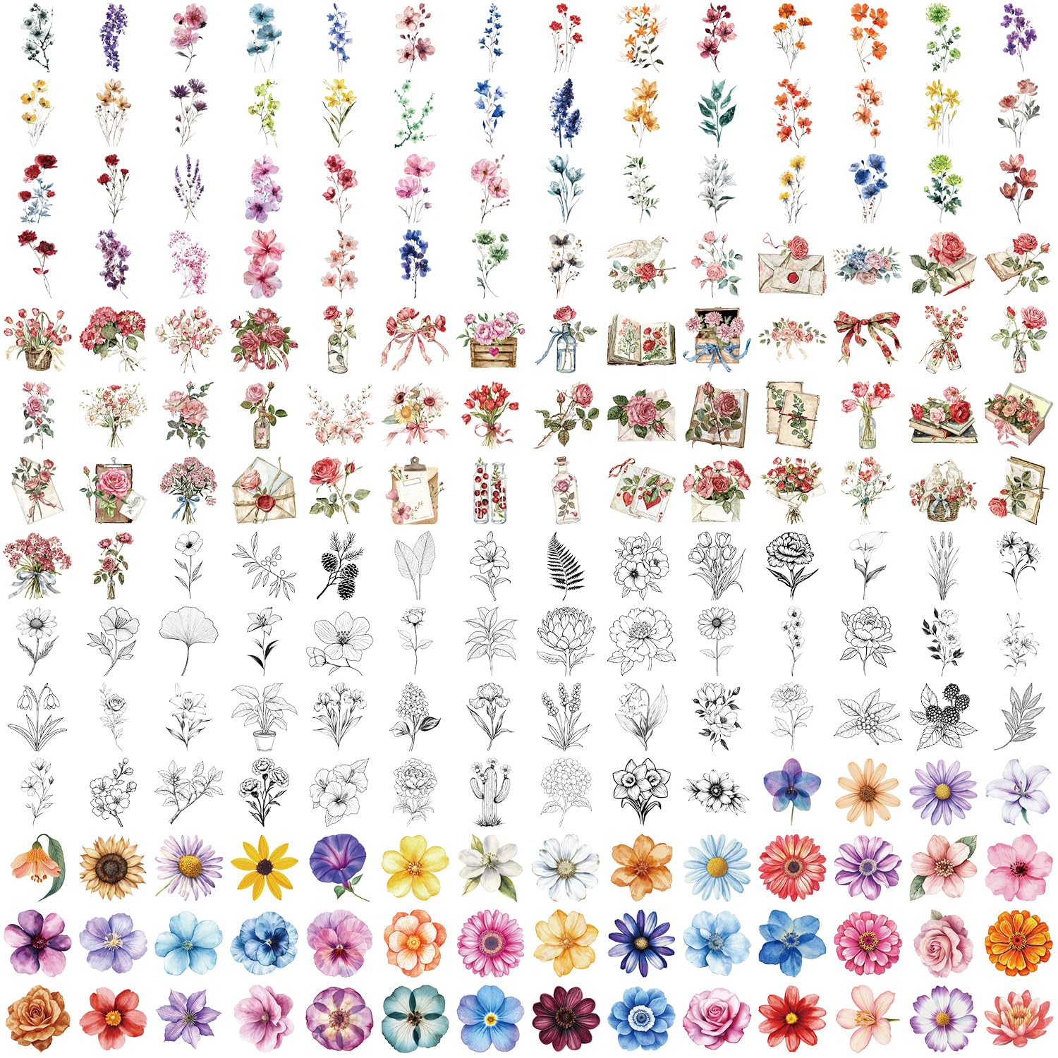 200 Pcs Vintage Flower Scrapbooking Sticker Set, Retro Journaling Supplies - Image 4