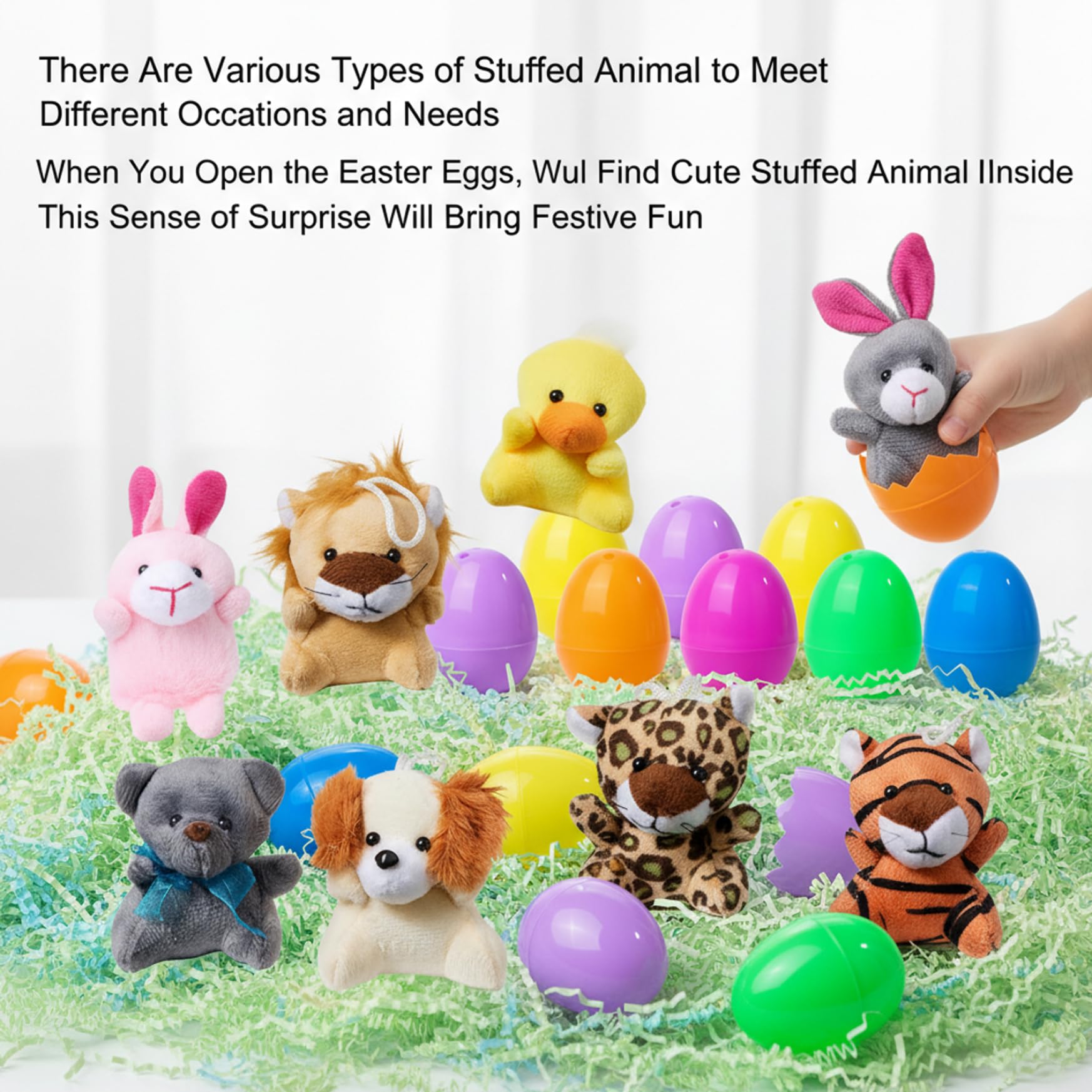 12 pezzi di riempitivi per uova di Pasqua, uova di Pasqua riempite di plastica con animali di peluche a sorpresa per bambini, riempitivi per cestini, bomboniere e per per le feste