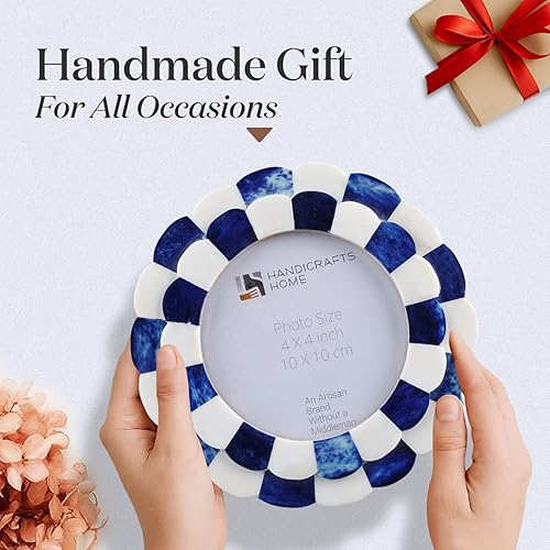 Miniatura 7 de Handicrafts Home Marco de fotos blanco y azul de 4 x 4, marco vintage con incrustaciones de hueso festoneado, marco de fotos hecho a mano para