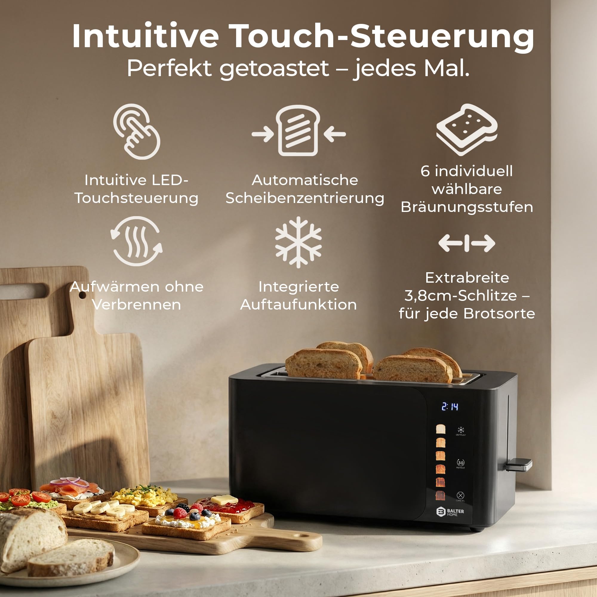 Balter Toaster 4 Scheiben, Touch Bedienung, Langschlitz, Edelstahl, Brötchenaufsatz, LCD Display Langschlitztoaster, Auftaufunktion, Brotzentrierung, TS-44 Schwarz matt