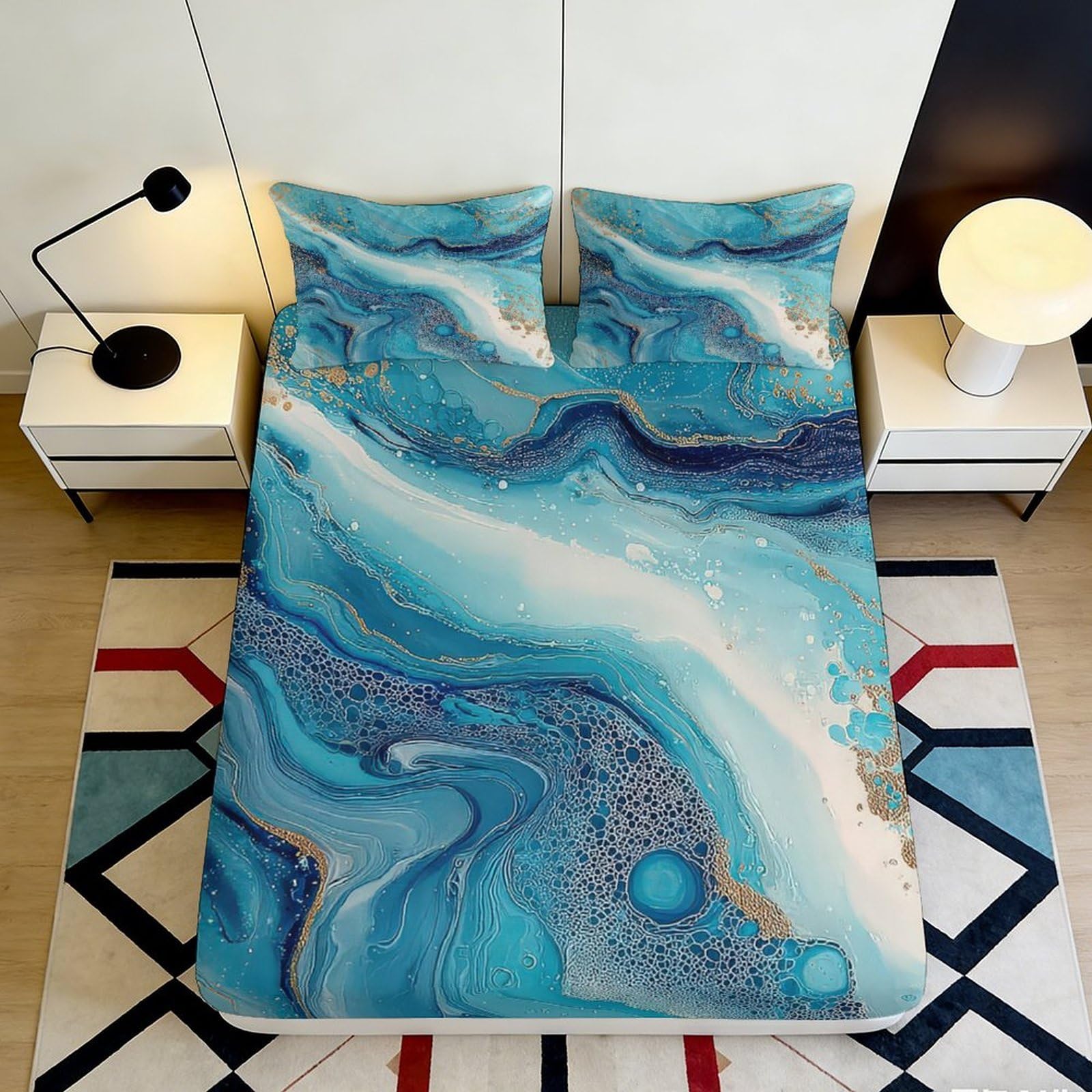 3D Printed Ocean Wave Fitted Sheet Microfiber Soft Blue Marble Mattress Cover for Bedroom Dorm Decor Protection 90x200x25cm