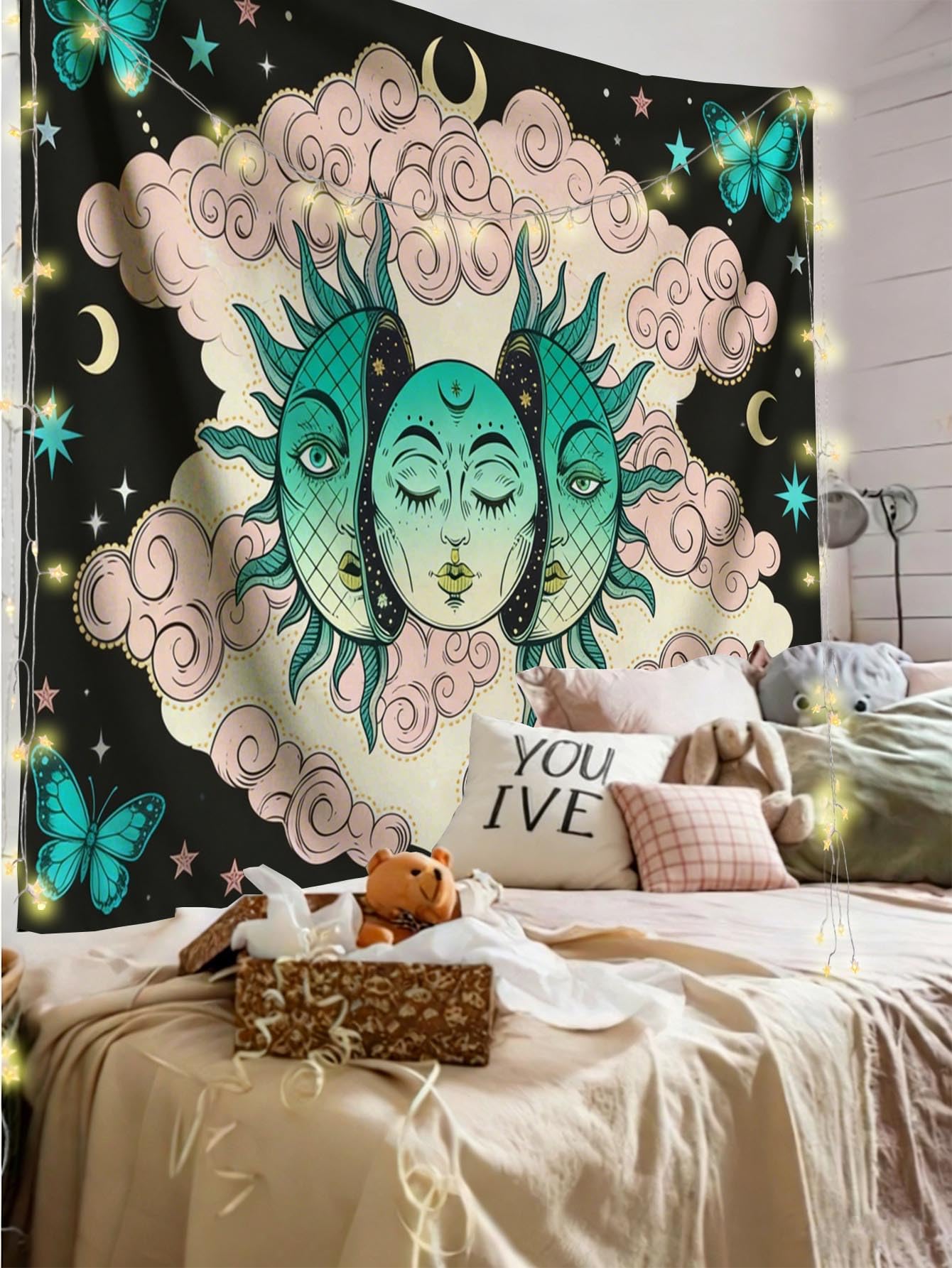 FENDROM Hippe Boho Sun and Moon Tapestry Trippy Celestial Aesthetic Tapestries Mystical Cosmic Burning Sun Wall Hanging Blanket for Bedroom Living room Dorm