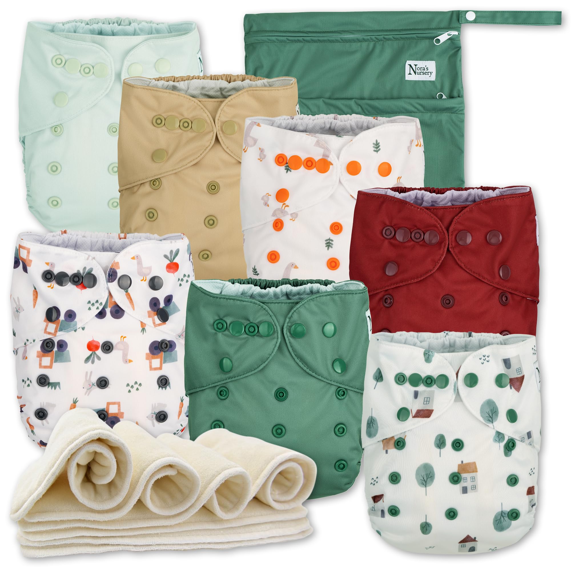 Nora's Nursery AWJ Cloth Diapers 7 Pack with 1 Wet Bag - Waterproof Cover, Washable, Reusable & One Size Adjustable Pocket Diapers for Newborns and