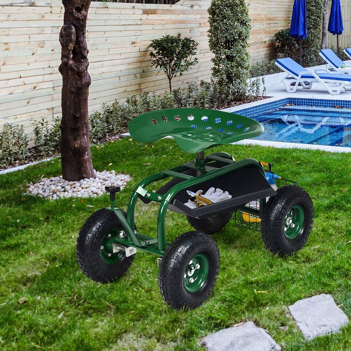 GRAFFY Garden Cart w/Wheels, Mobile Rolling Work Seat w/Tool Tray and Basket, Lawn Wagon Cart with Rotating and Adjustable Seat, Patio Yard Stool Cart, Green