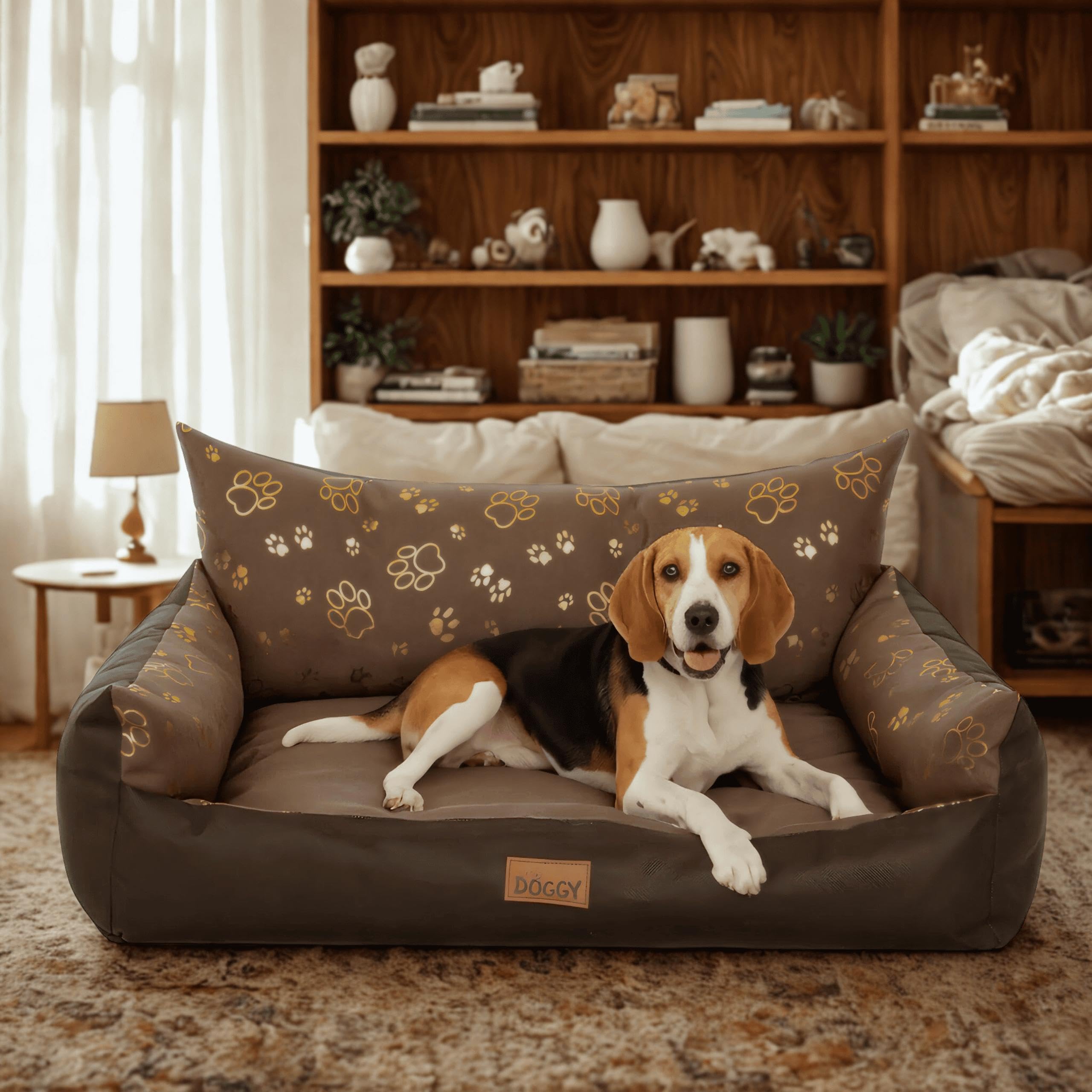 PillowPrim Hundebett - Möbel für Tiere, Katzenbett - Hundekorb für kleine mittelgroße & große Hunde - Hundekissen – Hundesofa – Hundeliege – Schlafplätze - 80x61 cm - Braun mit Pfoten
