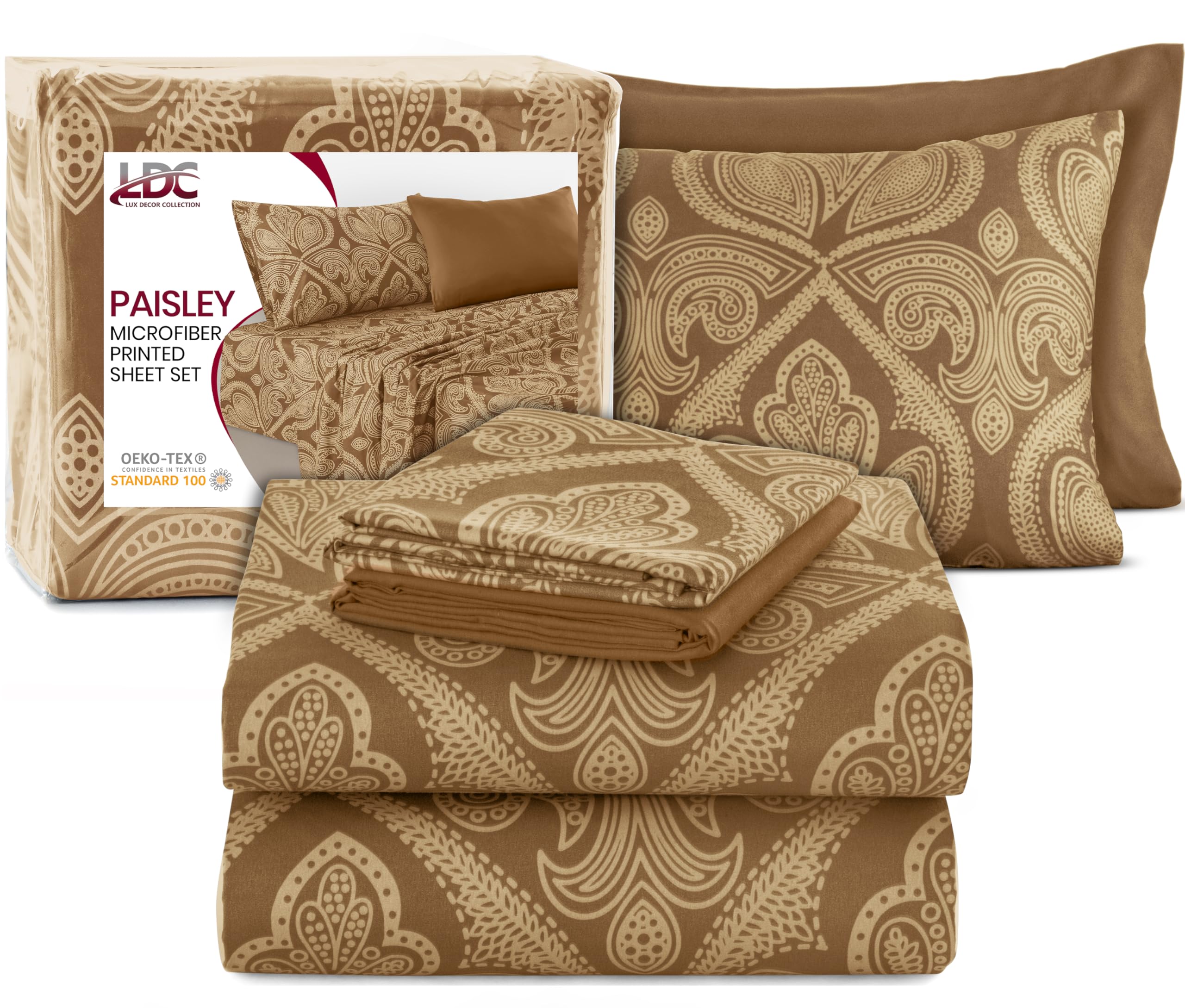 Ultra Soft Wrinkle-Free Microfiber Paisley King Sheet Set, Breathable Boho Bed Sheet Set – 16" Deep Pocket Fitted Sheet, Flat Sheet & 4 Pillowcases, Juegos de Sábanas, OEKO-TEX - Brown