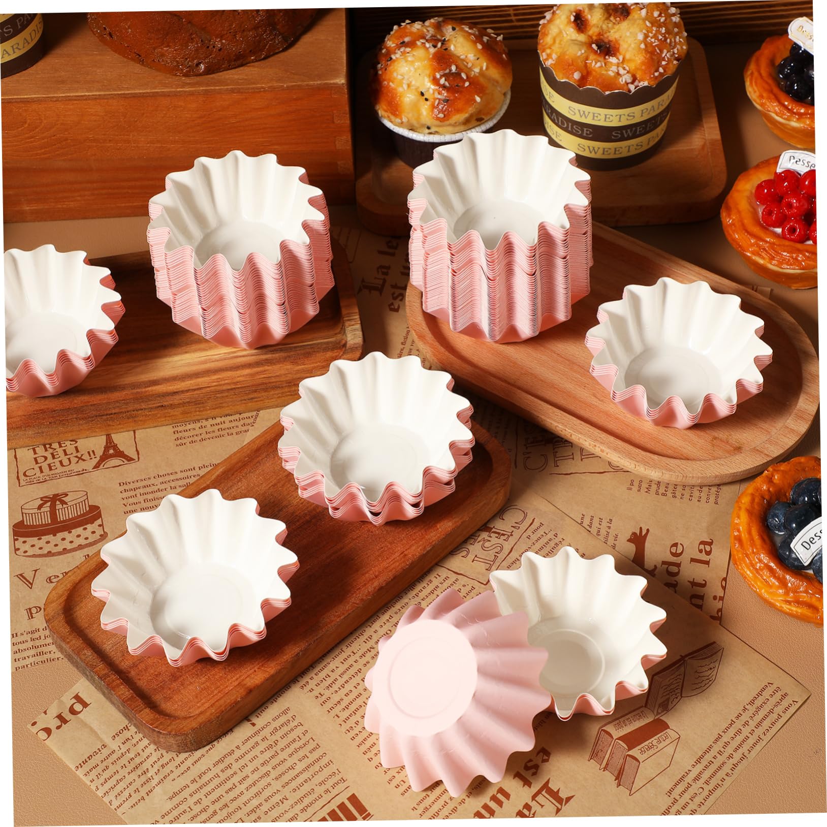 ULTECHNOVO 5 Series Revestimientos Para Magdalenas Accesorios Para Hornear Con Moldes Para Hornear Cupcake Envoltura Ola Revestimientos Para Tartas Redondos. Atender Rosa Papel 100 Piezas X 5