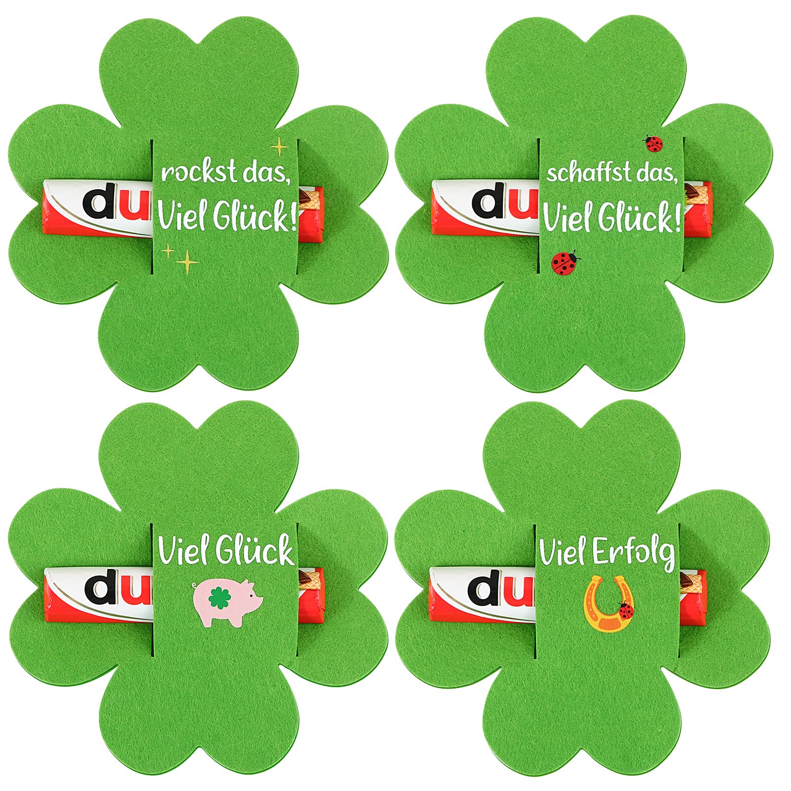 BOFUNX 4 Stück Glücksbringer Prüfung Schokolade Geschenke Kleeblatt Glücksbringer Prüfung Viel Glück Prüfung Abschiedsgeschenk Glücksbringer Abitur ABI Bachelor Master Abschluss Mitarbeiter Kollegen