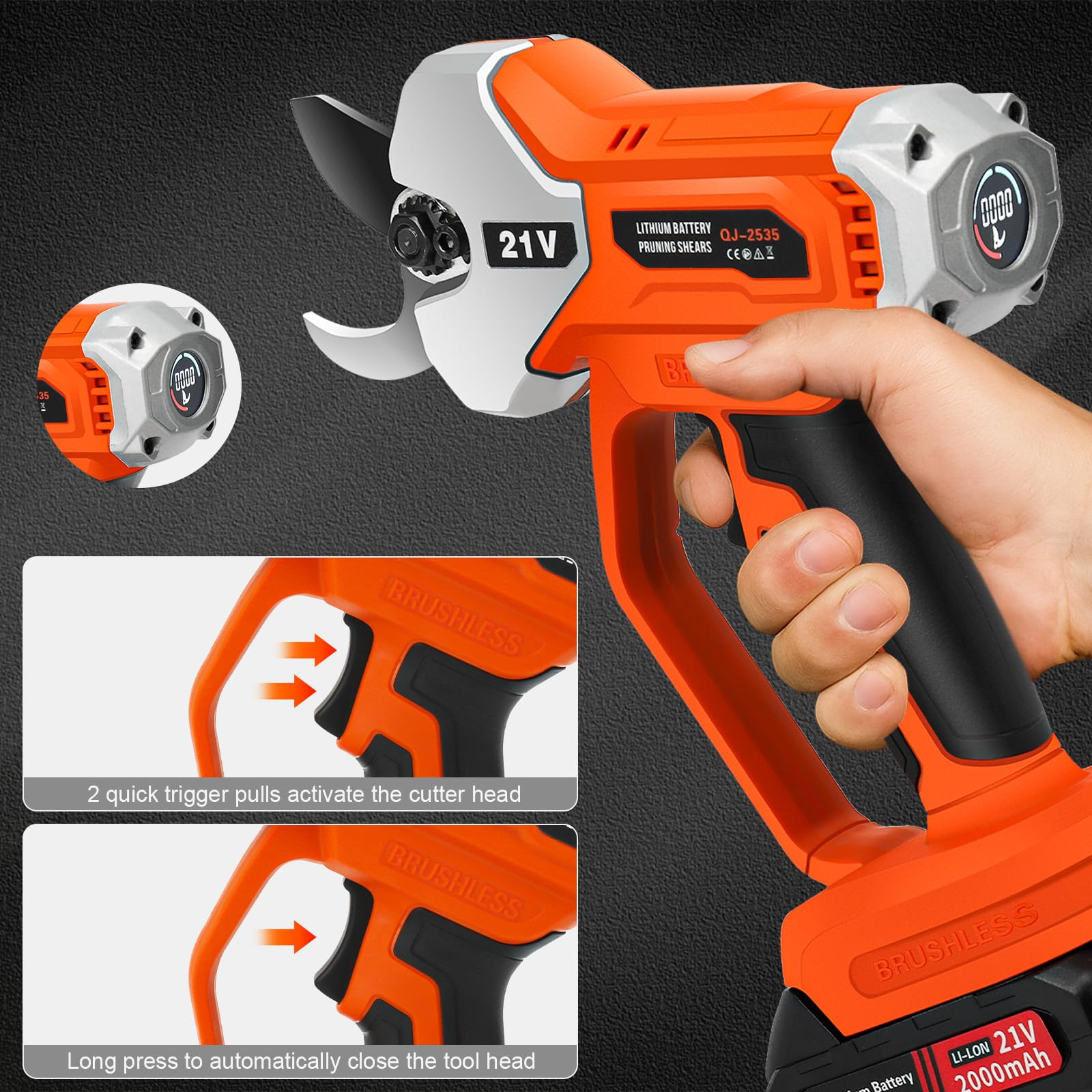 Tijeras de podar con batería con 2 baterías de 2,0 Ah, 21 V, profesional, sin escobillas, sierra de podar con 35 mm de diámetro de corte y pantalla LCD, para podar eficientemente