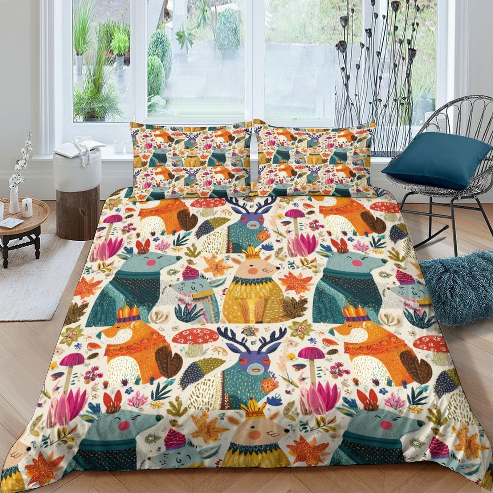 TUFRTGYHN 3D Printed Forest Animals Duvet Cover Set Microfiber Soft Breathable Woodland Flowers Bedding with 2 Pillowcases for Bedroom Décor Single（135x200cm）