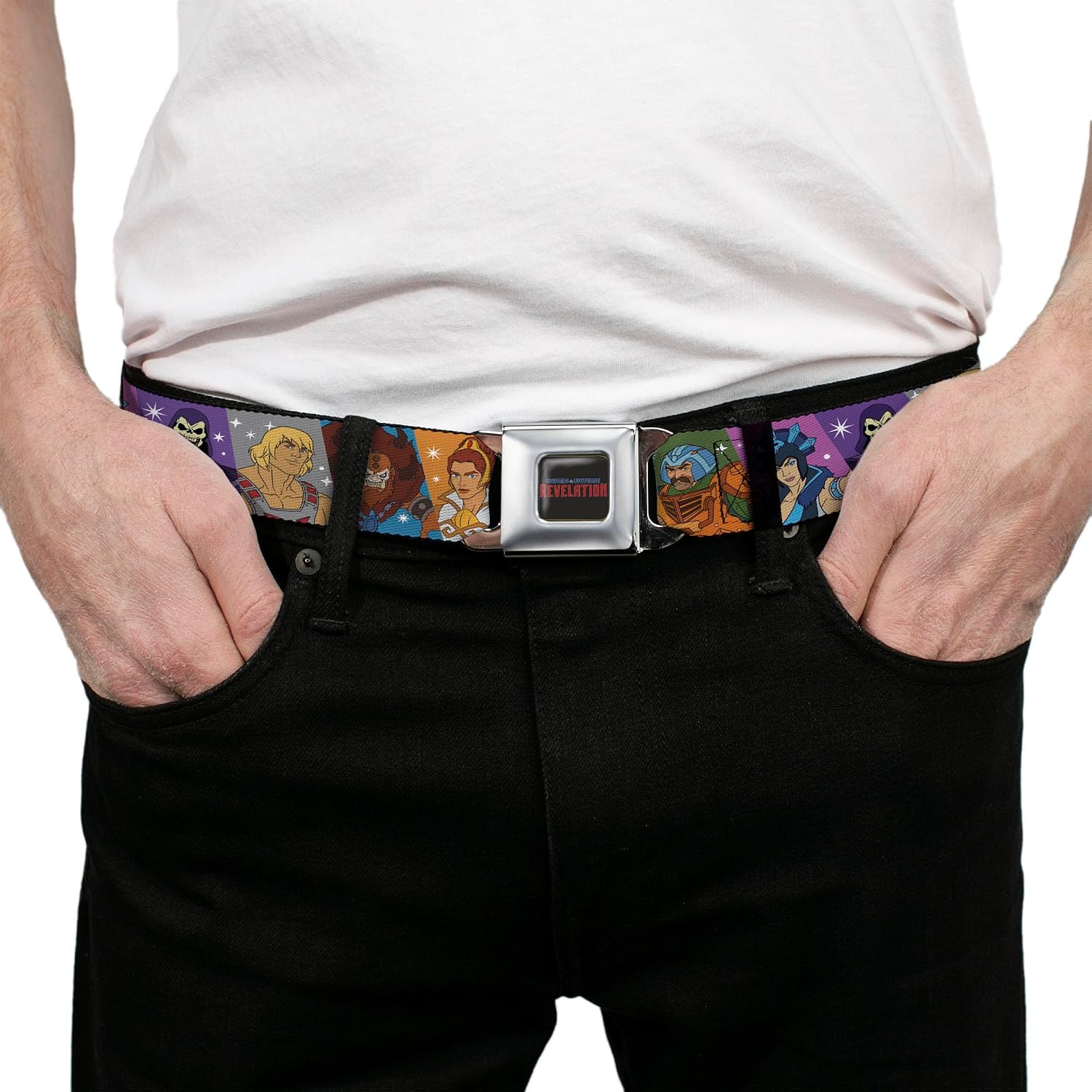 Masters of the Universe Belt, Seatbelt Buckle Belt, Masters of the Universe Character Block Poses Multi Color, Adjustable