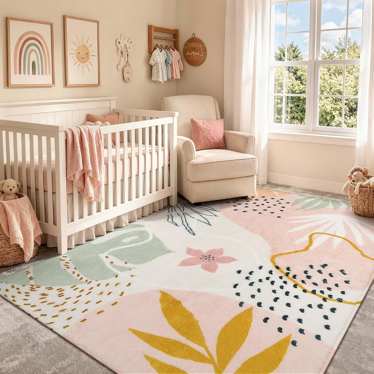 Alfombra rosa bohemia para guardería, 4 x 6, lavable, antideslizante, suave alfombra botánica para dormitorio de niñas, habitación de niños, sala de juegos, dormitorio, decoración de apartamento