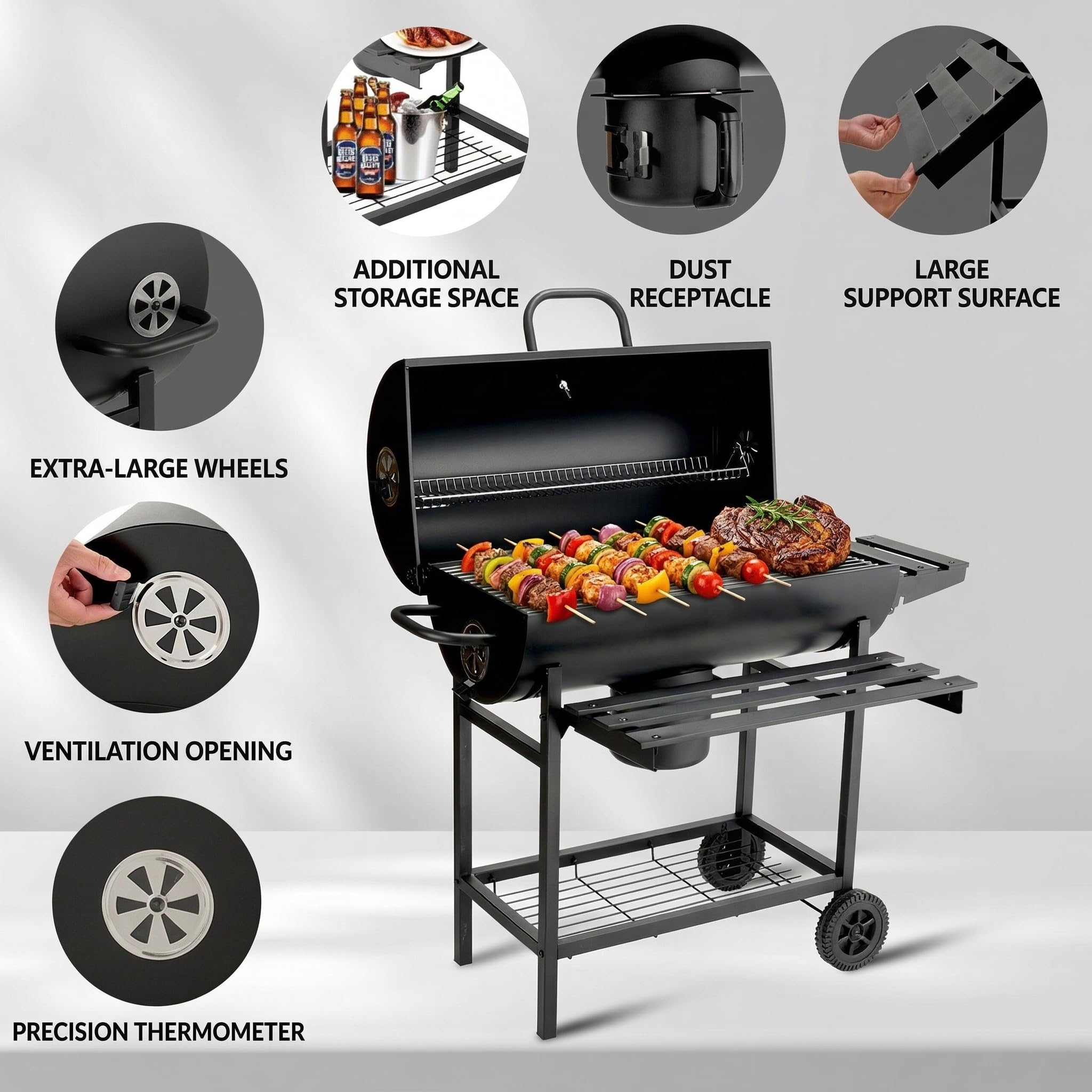 DEWINNER Barbecue a Carbonella con Griglia,girarrosto per pollo rimovibile,guanti antiscottatura e pinza in omaggio,ideale per giardino/terrazza/campeggio (Modello base)