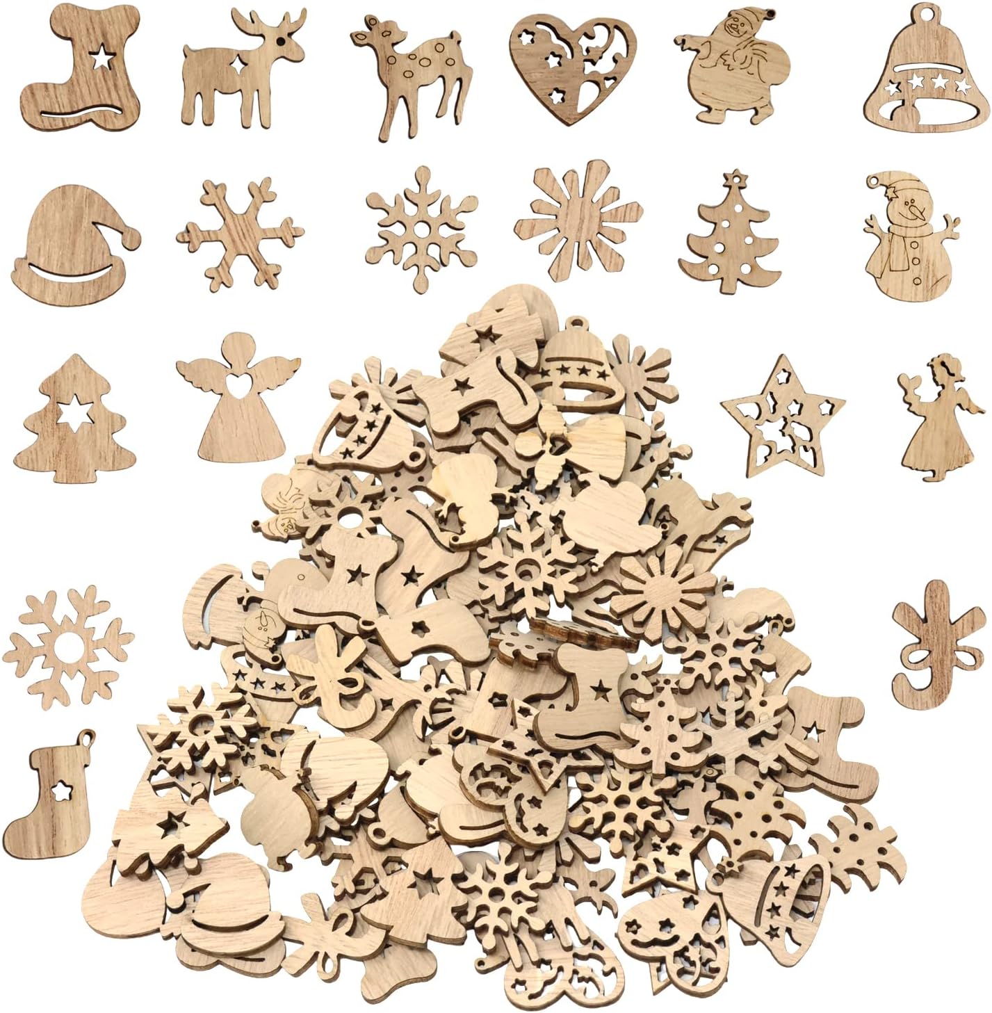 yueton 100PCS Mini Christmas Tree Snowflakes Stars Moose Bells Hats Socks Angels Christmas Unfinished Blank Wood Pieces Wood Slices Wood Chips Embellishments for DIY Crafts, Home Decoration, etc