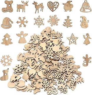 yueton 100PCS Mini Christmas Tree Snowflakes Stars Moose Bells Hats Socks Angels Christmas Unfinished Blank Wood Pieces Wood Slices Wood Chips Embellishments for DIY Crafts, Home Decoration, etc